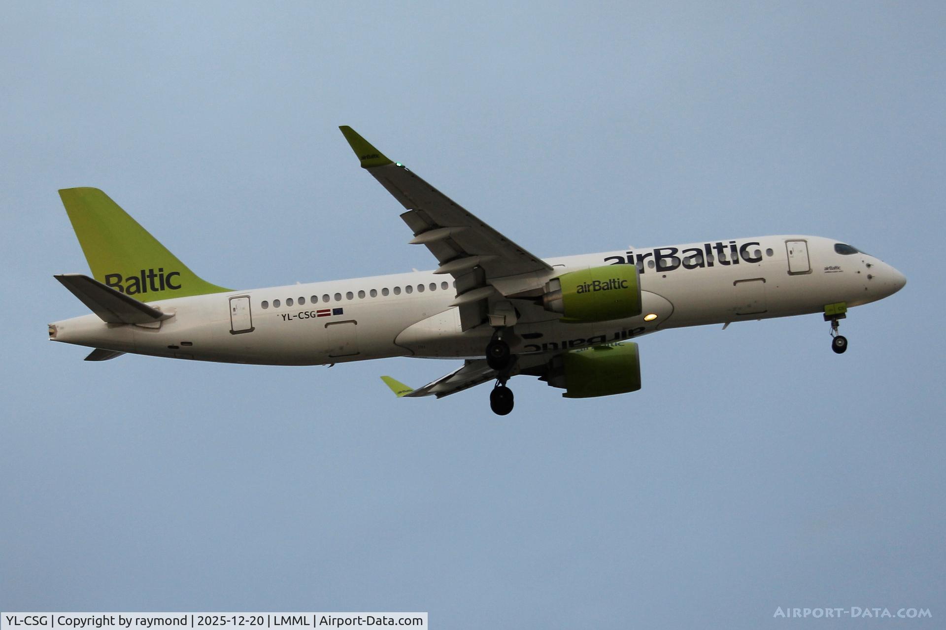YL-CSG, 2017 Bombardier CSeries CS300 (BD-500-1A11) C/N 55009, Airbus A220-300 reg YL-CSG of Air Baltic on finals for RW13 landing in Malta.
