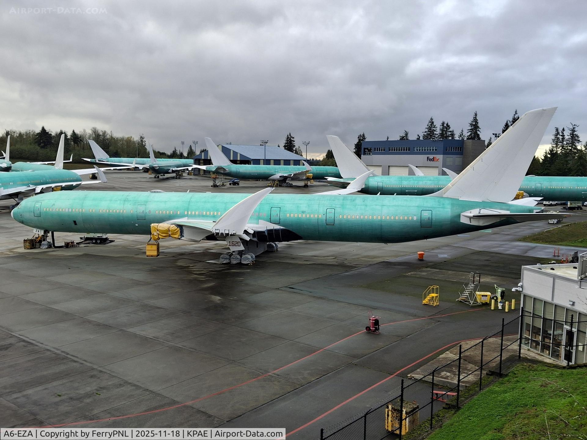 A6-EZA, 2025 Boeing 777-9 C/N *, Green future Emirates B777-9 awaiting delivery next to the Future of Flight museum