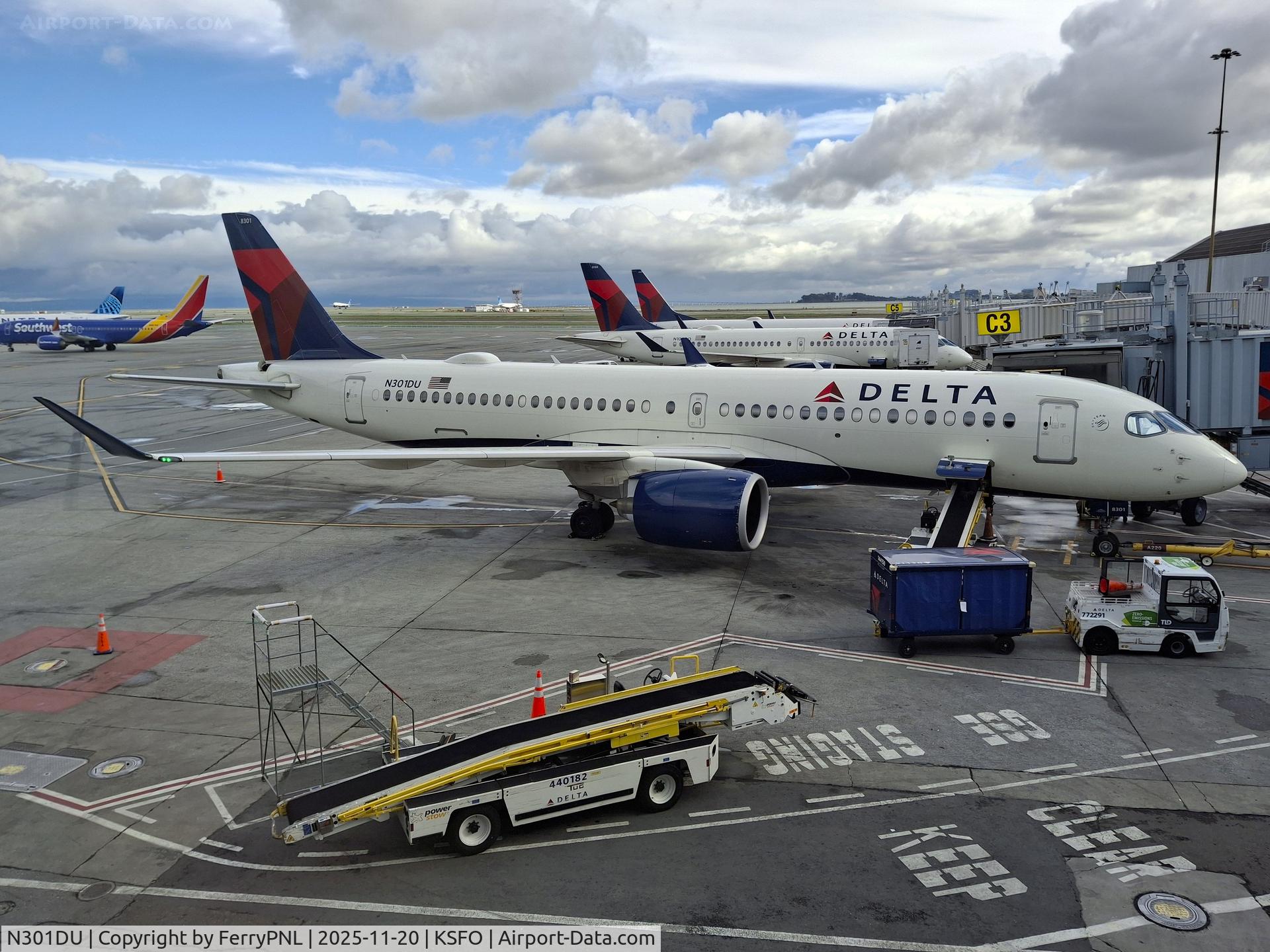 N301DU, 2019 Bombardier CSeries CS300 (BD-500-1A11) C/N 55069, Delta A223 at the gate in SFO