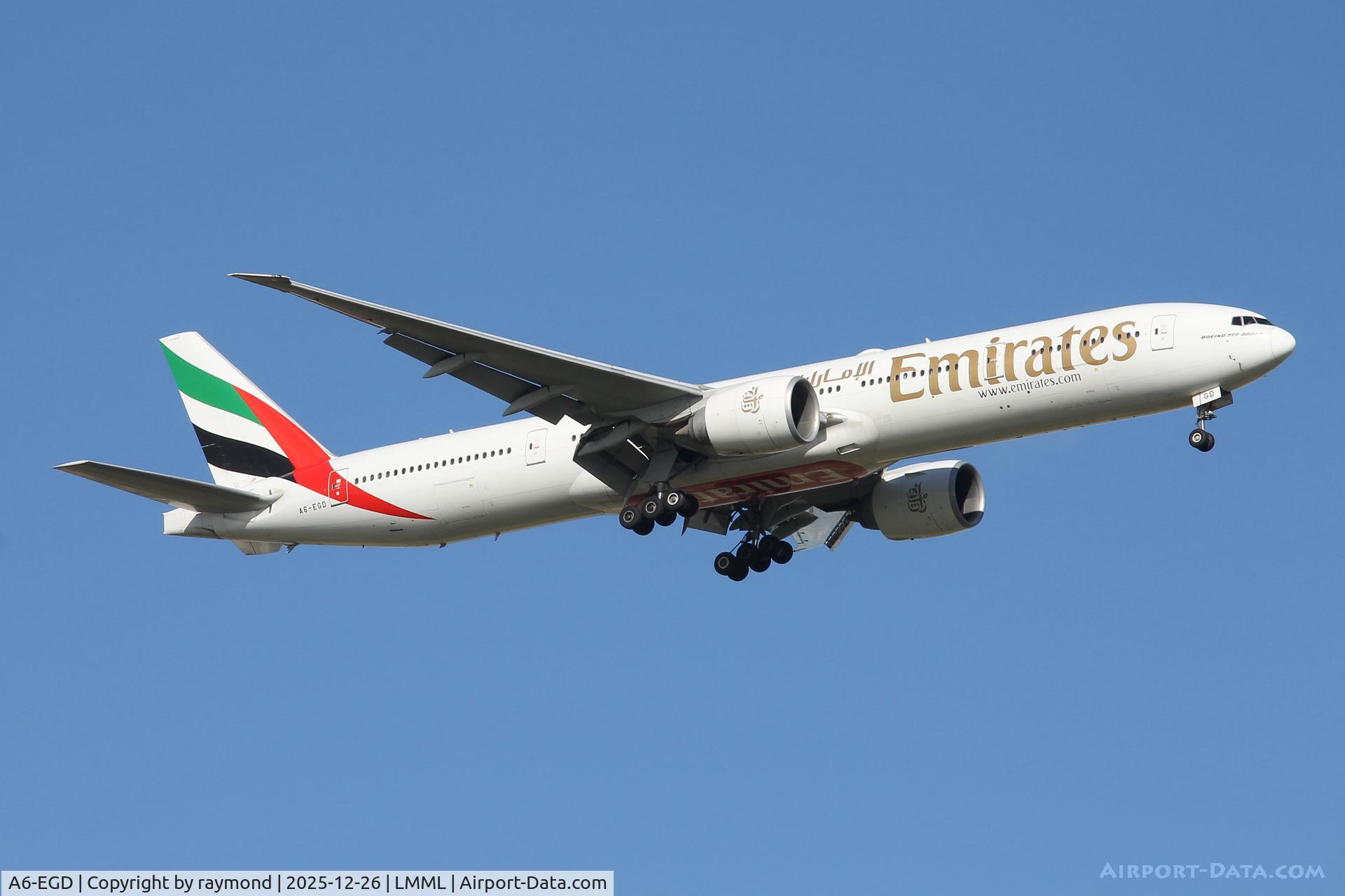 A6-EGD, 2011 Boeing 777-31H/ER C/N 38988, Emirates Airlines Boeing 777-31H/ER reg A6-EGD coming in to land on RW13 in Malta from Dubai via Larnaca.