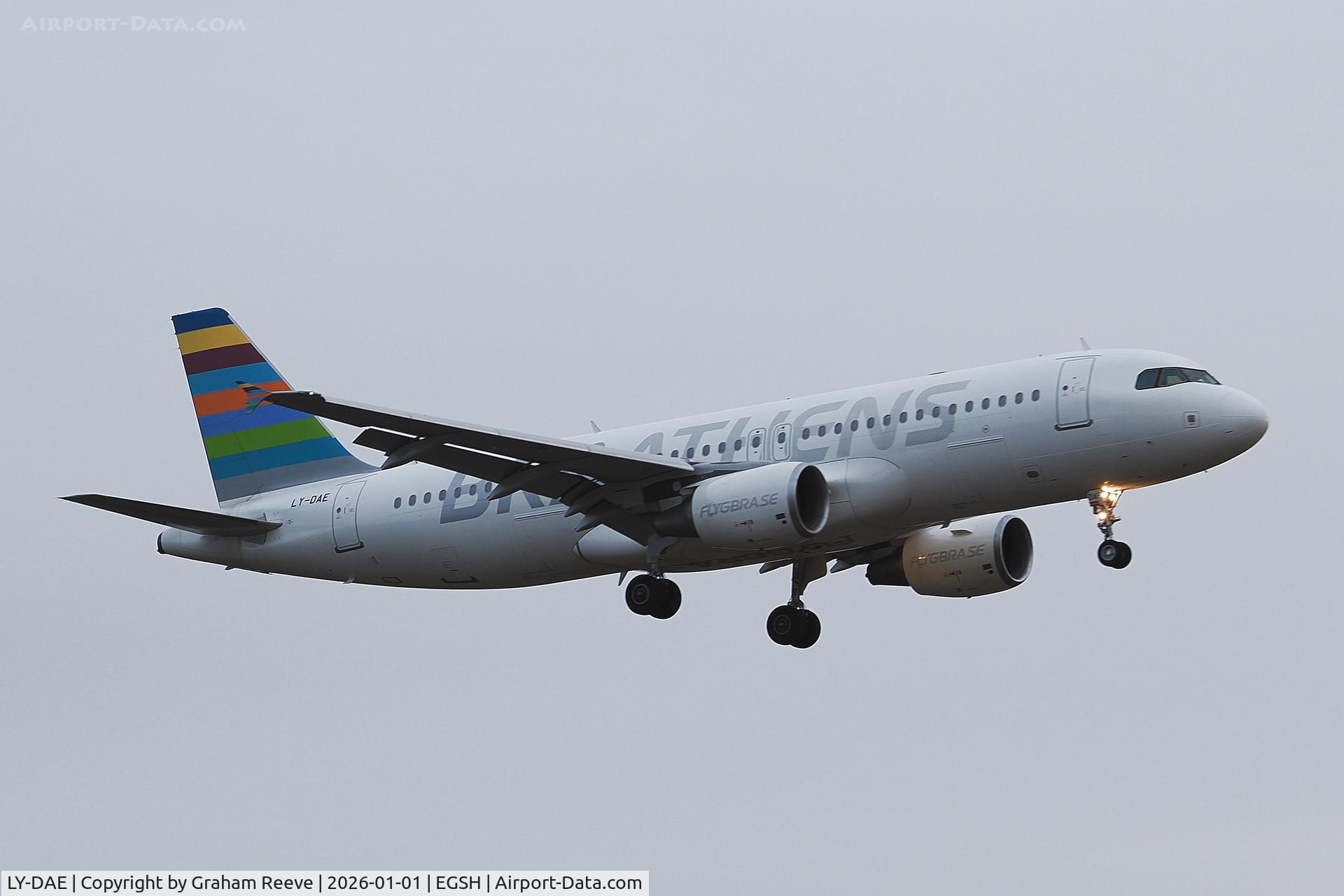 LY-DAE, 2007 Airbus A320-200 C/N 3240, Landing at Norwich.