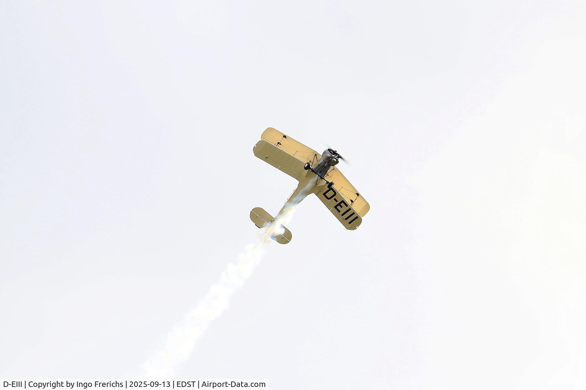 D-EIII, 1937 Bucker Bu-133C Jungmeister C/N 51, D-EIII Jungmeister trials smoke at Hahnweide OTT 2025