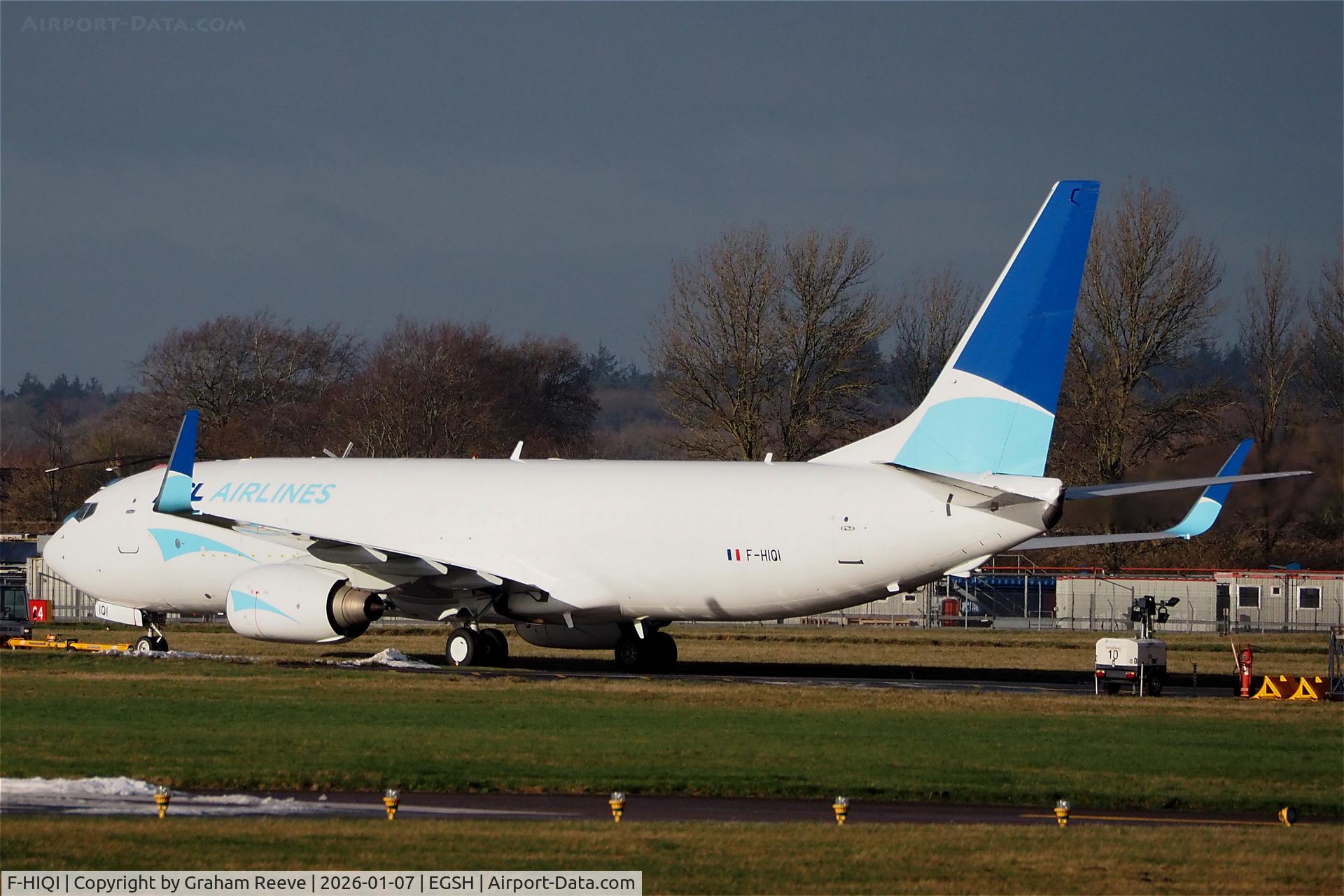 F-HIQI, 2000 Boeing 737-883BCF C/N 28323, Under tow at Norwich.