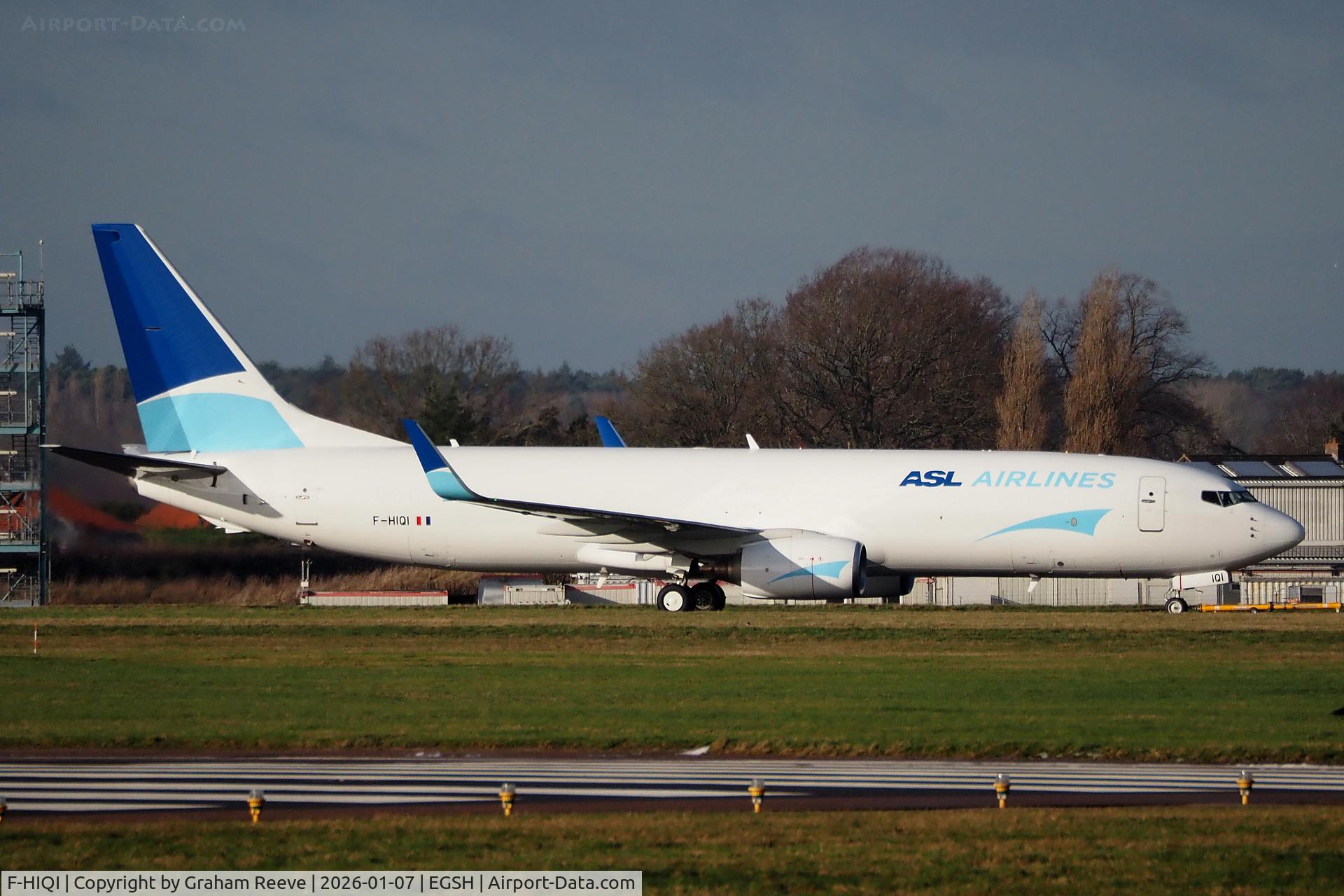 F-HIQI, 2000 Boeing 737-883BCF C/N 28323, Under tow at Norwich.