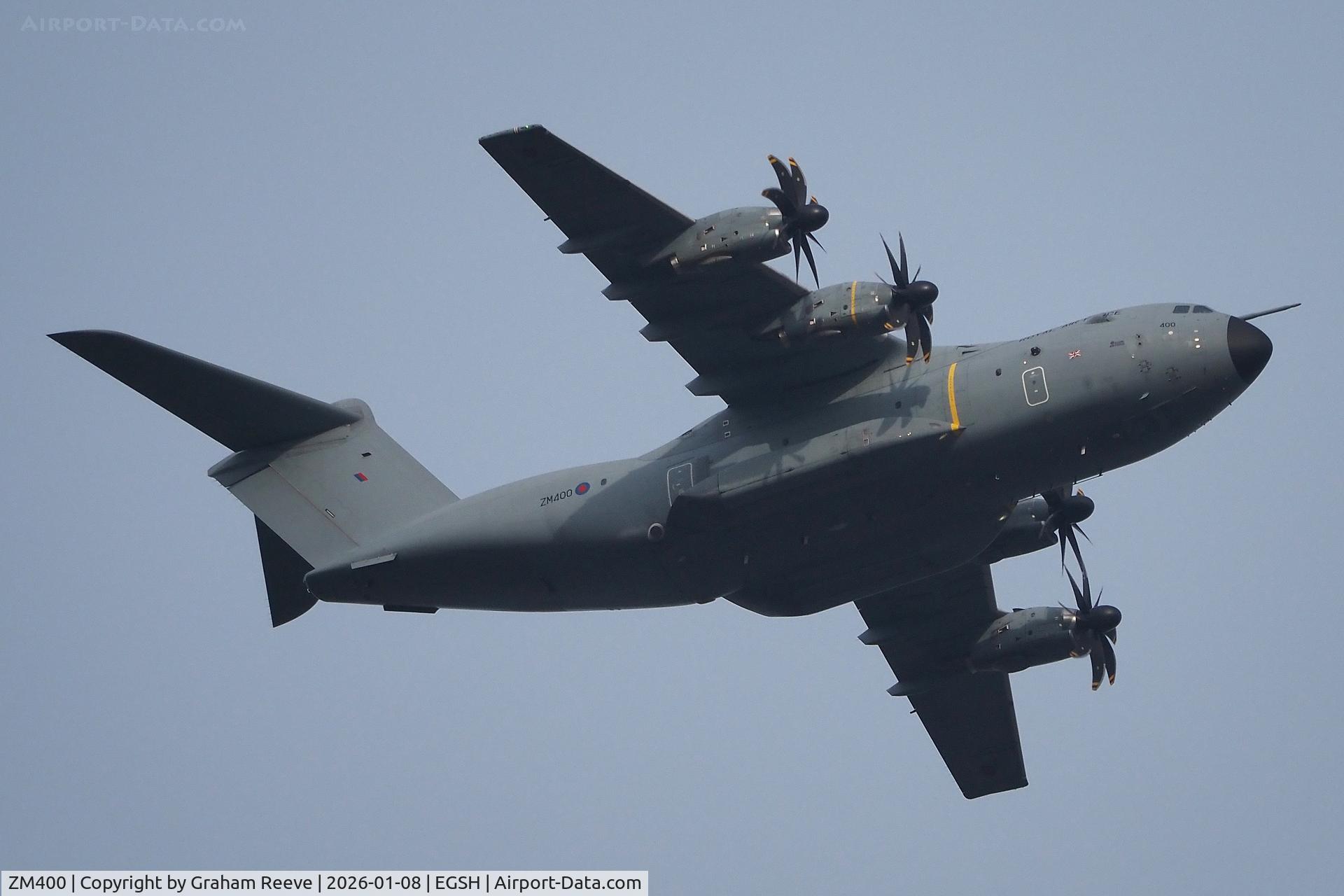 ZM400, 2014 Airbus A400M Atlas C.1 C/N 015, In the circuit at Norwich, passing over Blofield.