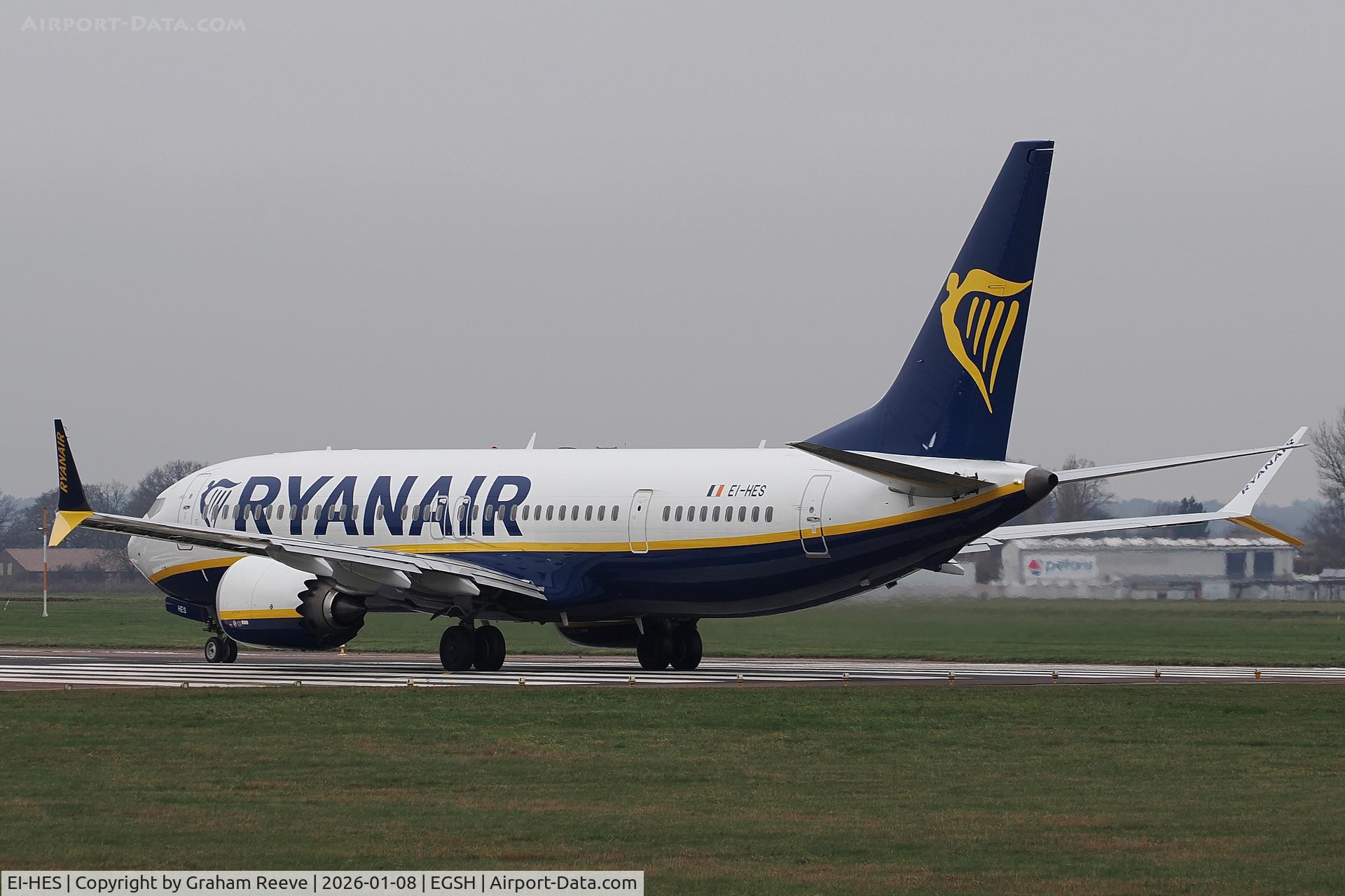 EI-HES, 2019 Boeing 737-8-200 MAX C/N 62306, Departing from Norwich.