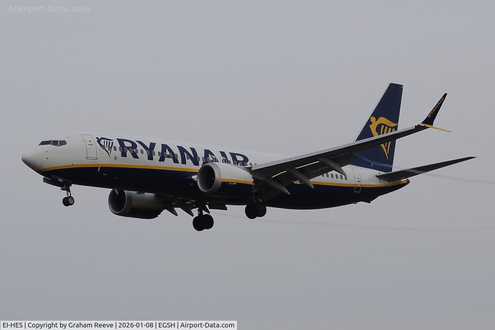 EI-HES, 2019 Boeing 737-8-200 MAX C/N 62306, Landing at Norwich.
