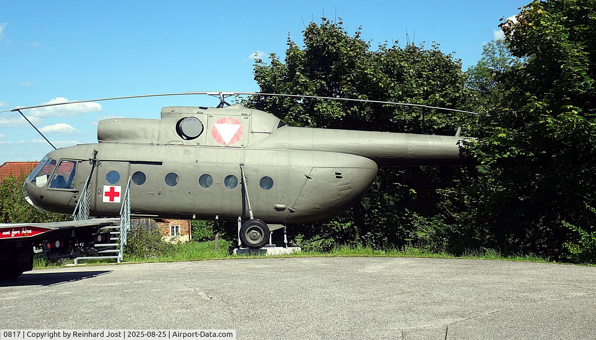 0817, 1970 Mil Mi-8T Hip C/N 10817, Fake Austrian Air Force colors on ex-Slovakian AF Mi-8T at Autohaus Krydl, Stadt Haag as eye-catcher. Austrian AF never had this Mil product in its inventory.