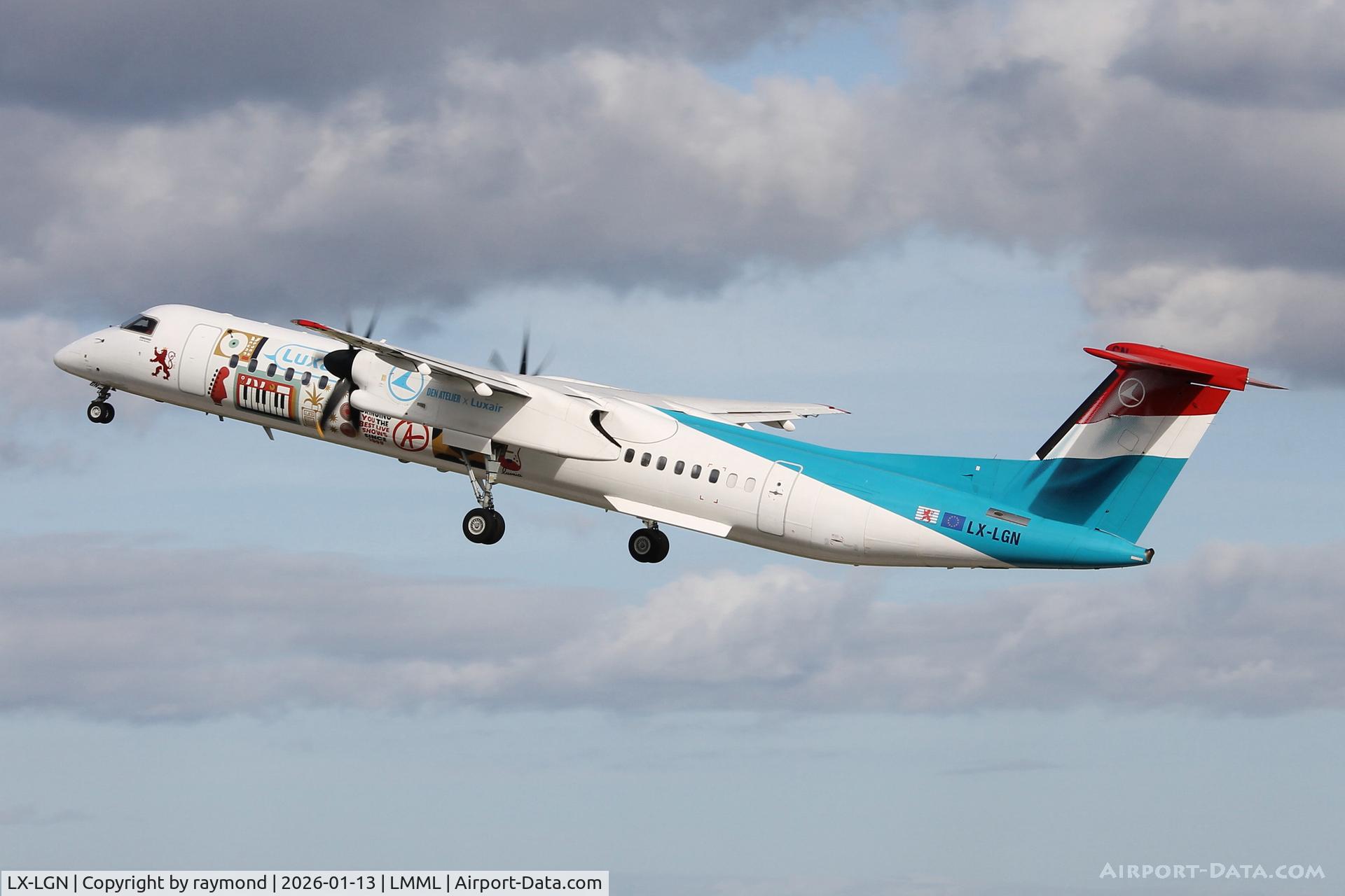 LX-LGN, 2012 De Havilland Canada DHC-8-402Q Dash 8 C/N 4426, De Havilland Canada DHC-8-402Q reg LX-LGN in special livery for Luxair taking off from Malta after receiving maintenance at Med Avia Malta.
