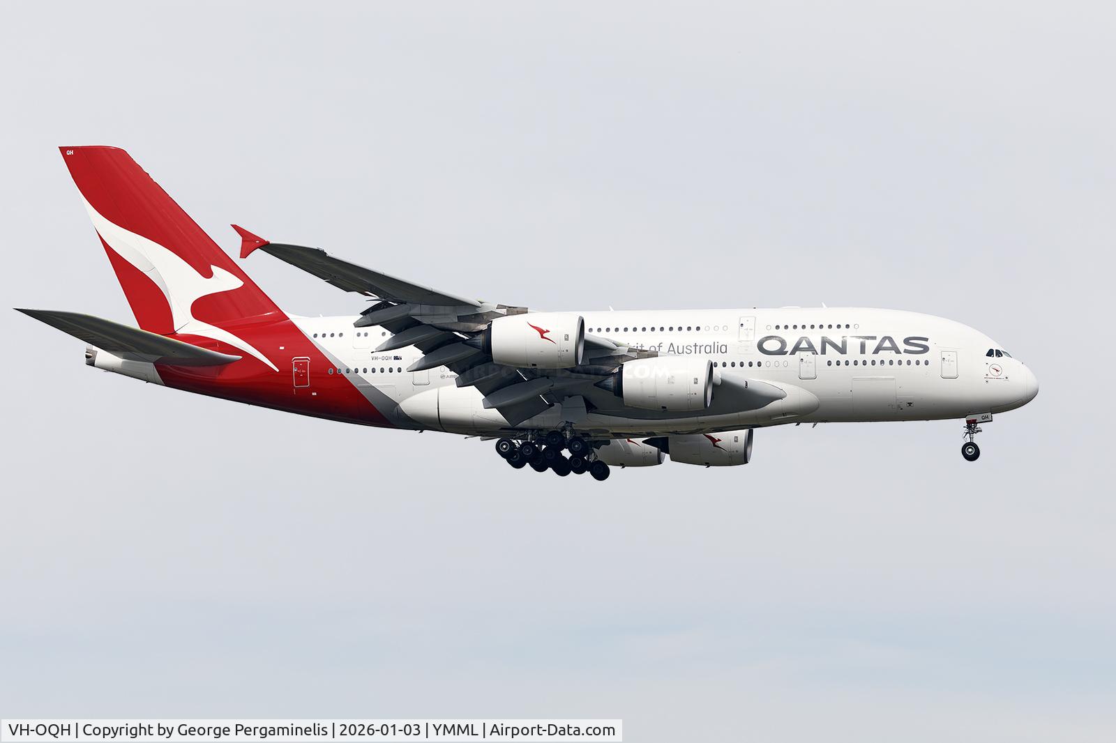 VH-OQH, 2009 Airbus A380-842 C/N 050, Short final for runway 34.