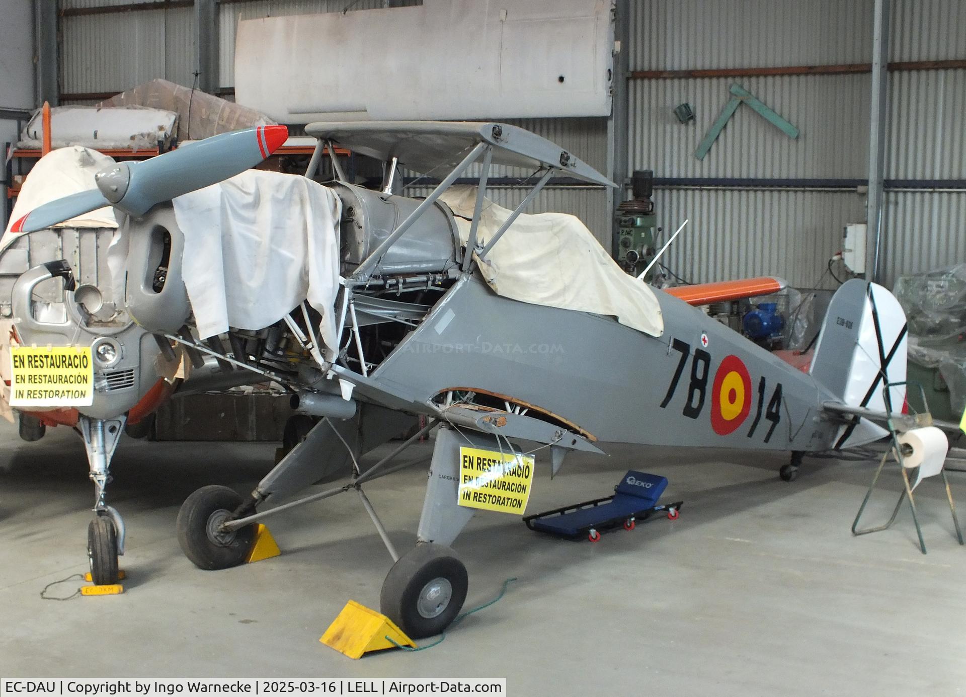EC-DAU, CASA 1-131E Jungmann C/N 2103, CASA 1.131E (E3B) (spanish license built Bücker Bü 131 Jungmann, wings dismounted) being restored at the FPAC (Fundació Parc Aeronàutic de Catalunya) Museu Aeronàutic de Catalunya at Sabadell airport