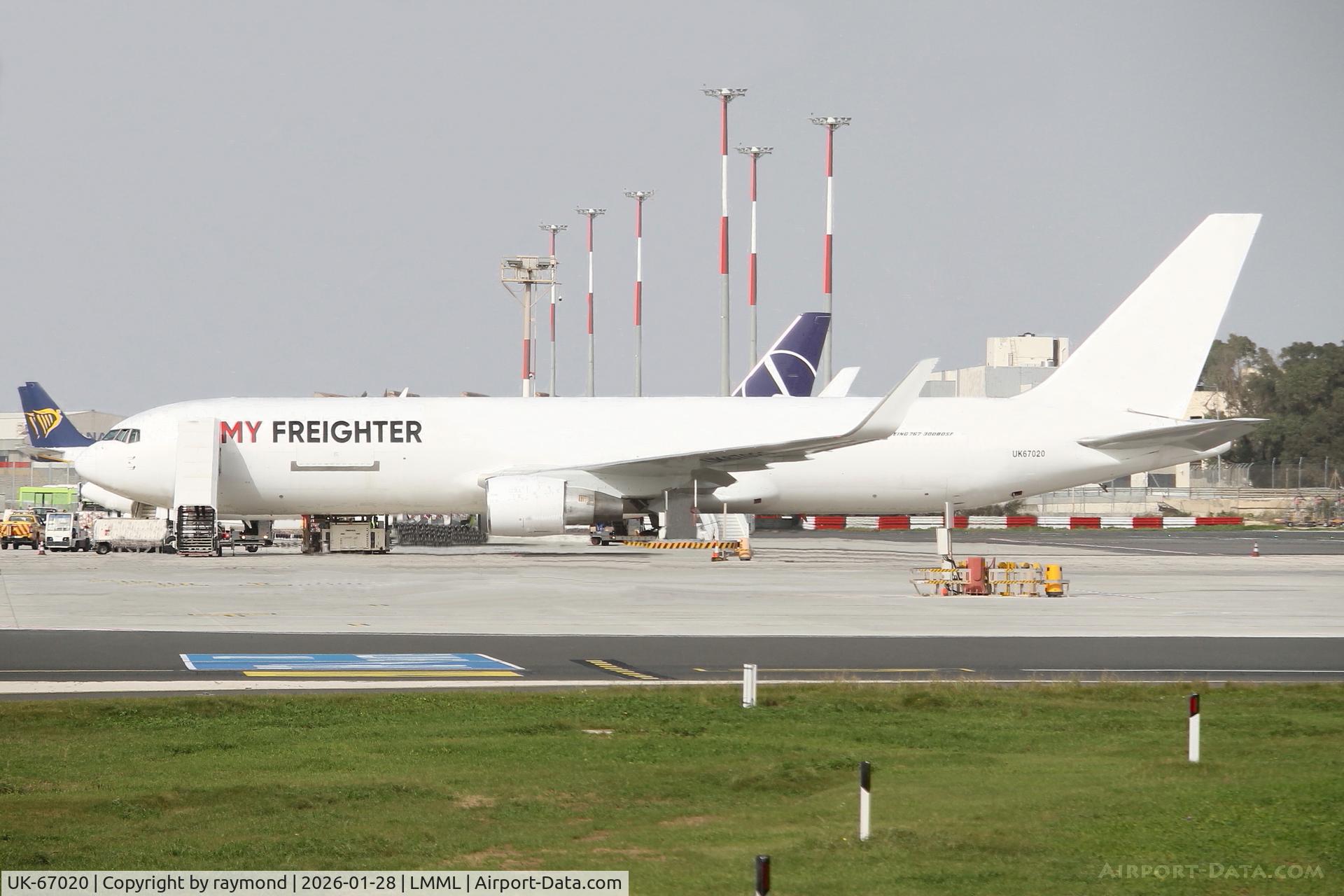 UK-67020, Boeing 767-330/ER(BDSF) C/N 26984, Boeing 767ER/BDSF reg UK-67020 of My Freighter seen parked on Park No9 at Malta.