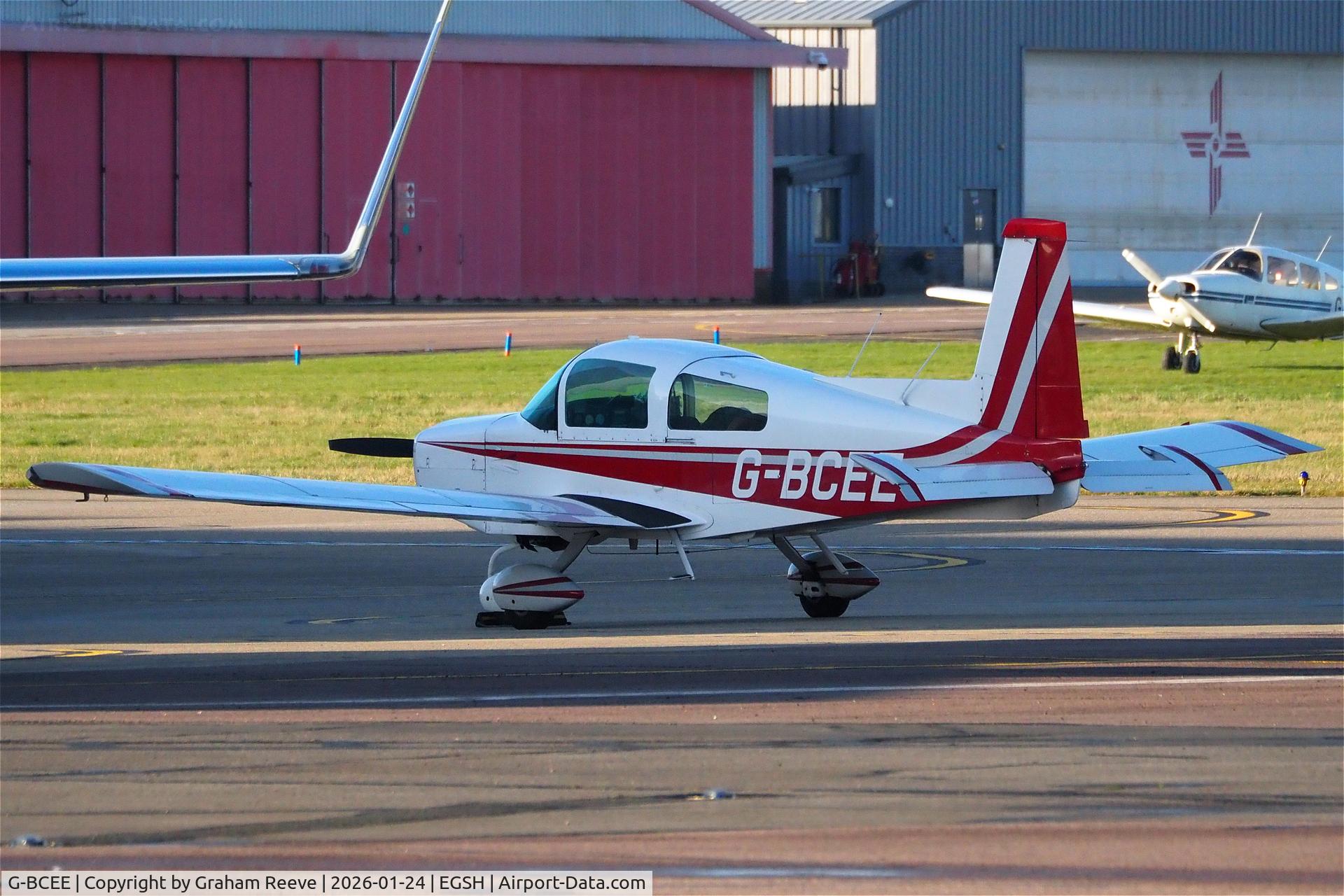 G-BCEE, 1974 Grumman American AA-5 Traveler C/N AA5-0571, Parked at Norwich.