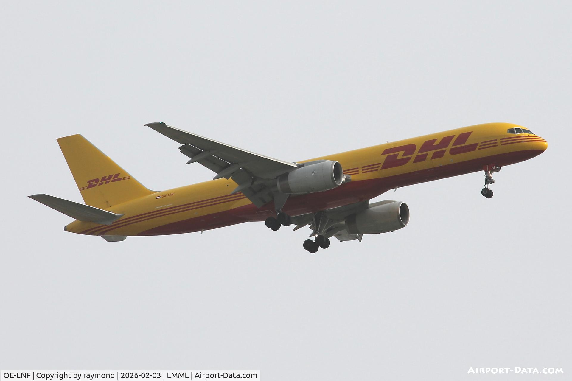 OE-LNF, 1999 Boeing 757-236/PCF C/N 29945, DHL Austria Boeing 757-236(PCF) reg OE-LNF on long final approach for RW13 landing in Malta.