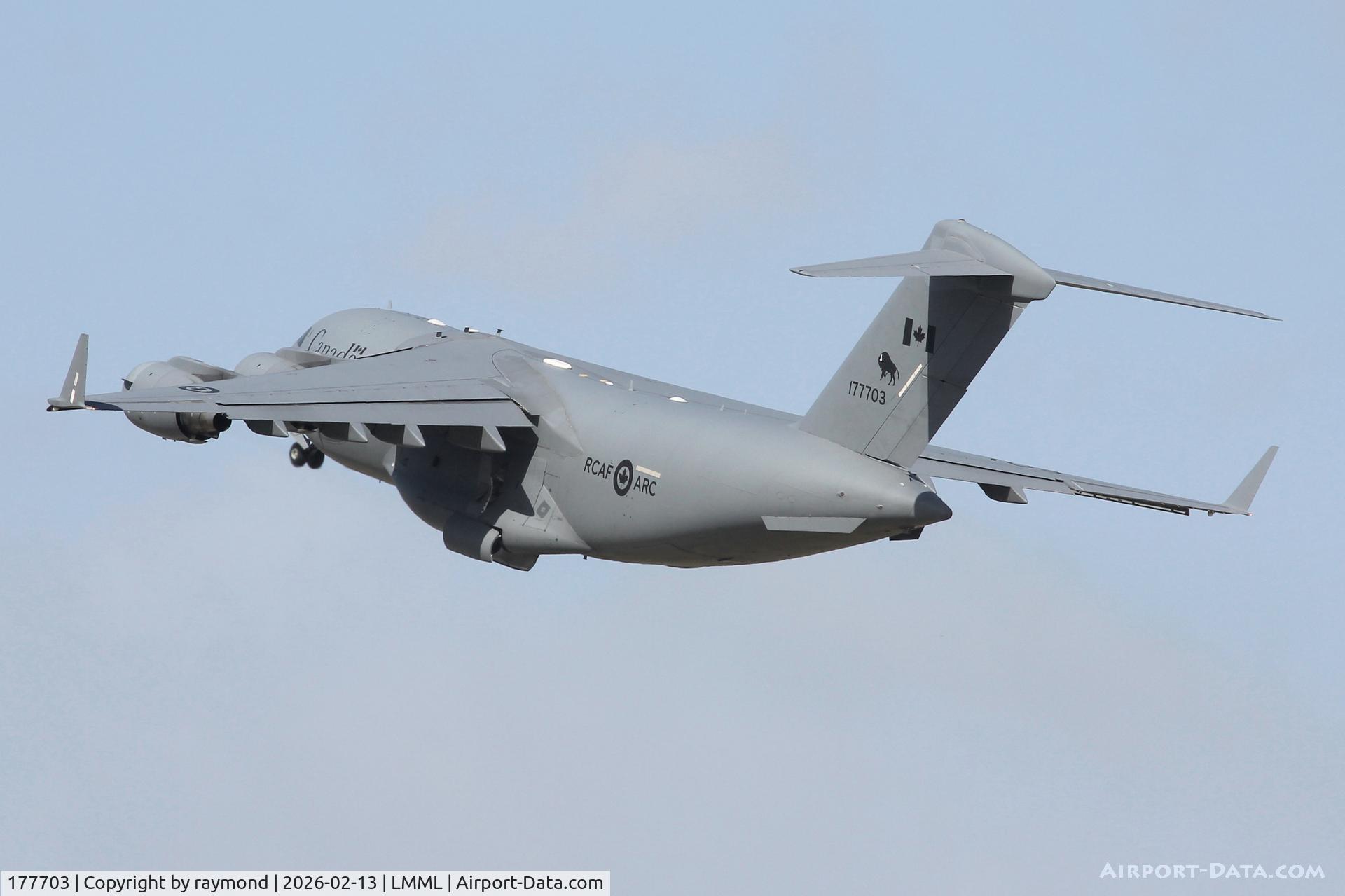 177703, 2008 Boeing CC-177 Globemaster III C/N F-186, Royal Canadian Air Force Boeing C-17A Globemaster III reg 177703 on take from Malta after a night stop. Aircraft flew from Trenton, USA.