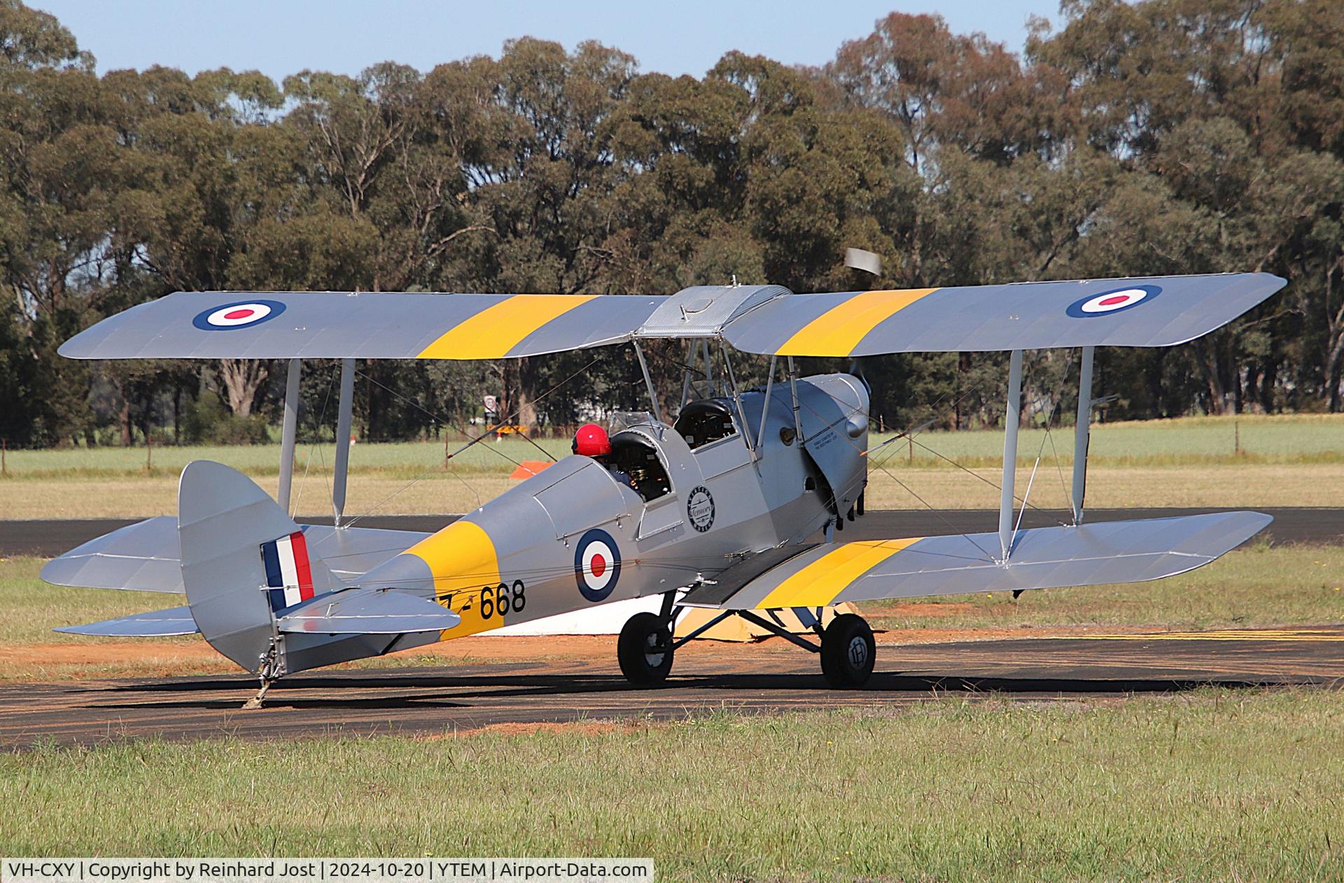 VH-CXY, 1961 De Havilland DH-82A Replica Tiger Moth II C/N LES 10, VH-CXY as RAAF A17-668 with a Temora Aviation Museum sticker taxing to its performance at Warbirds Downunder, Temora, NSW