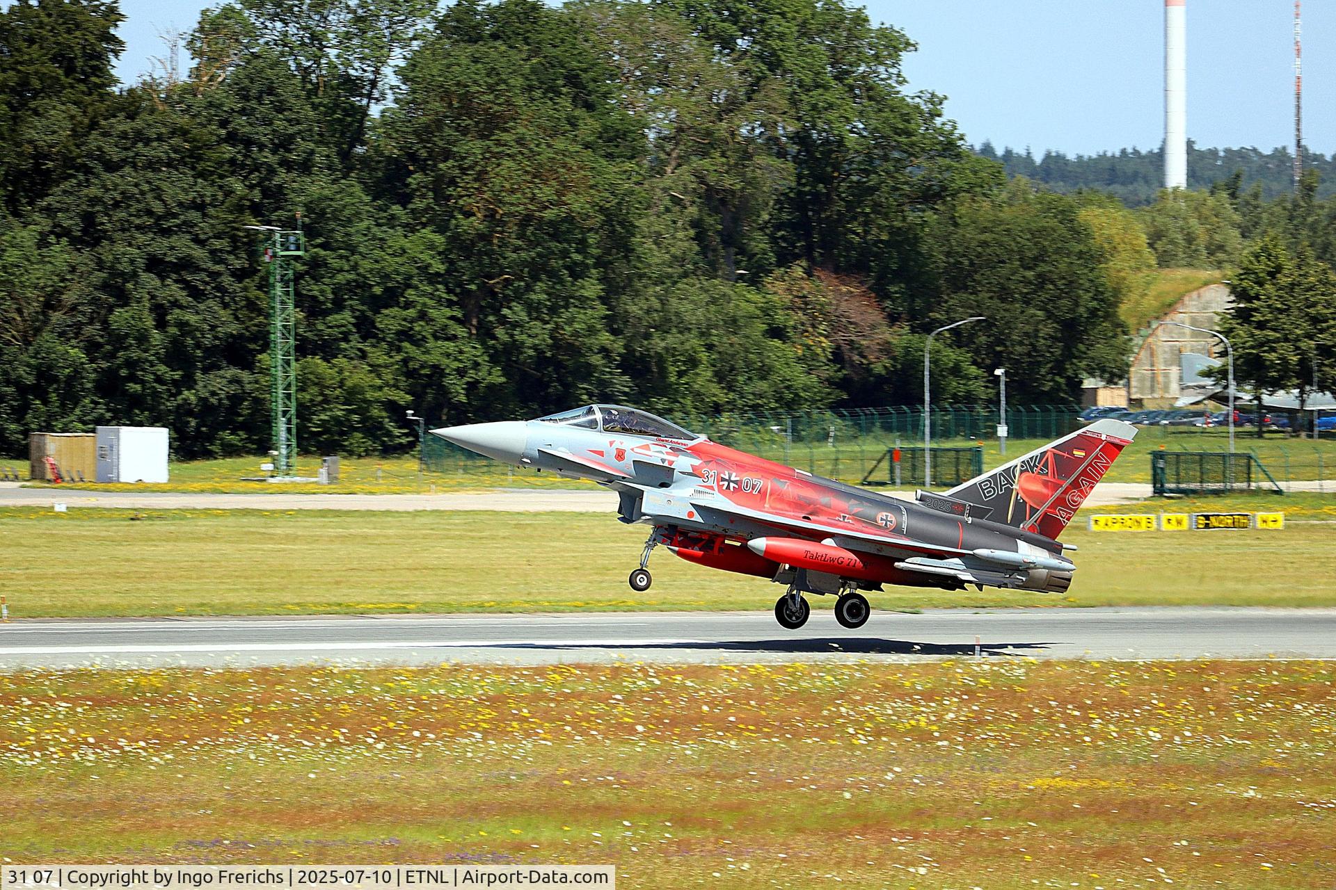 31 07, Eurofighter EF-2000 Typhoon S C/N GS083, 31 07 (TaktLwG 71) in special colors is returning from a training flight.