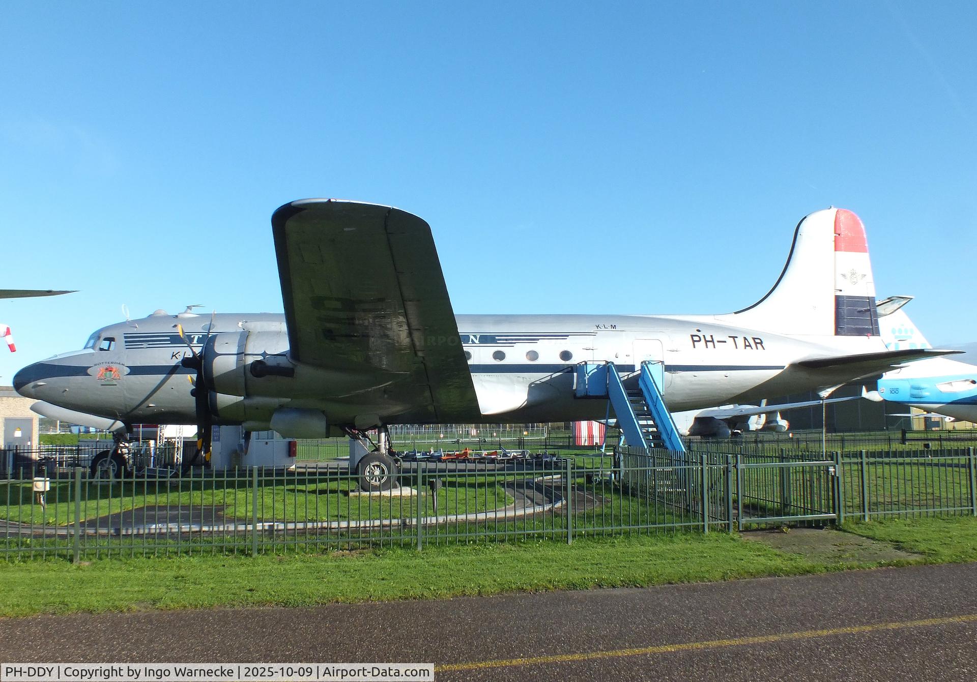 PH-DDY, 1942 Douglas C-54A Skymaster C/N 7488, Douglas C-54A Skymaster displayed in new colours as KLM 'PH-TAR' Rotterdam at the Aviodrome, Lelystad