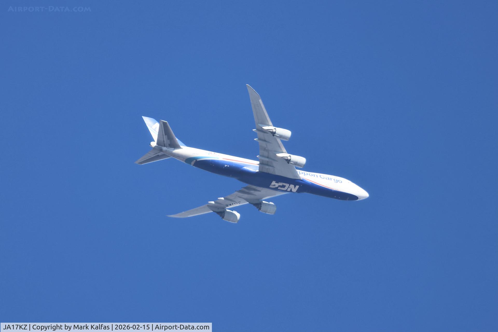 JA17KZ, 2013 Boeing 747-8KZF C/N 36140, NCA138 — a Nippon Cargo Airlines Boeing 747-8F (JA17KZ) inbound from Ted Stevens Anchorage International Airport — was descending through 7,000 feet into the O'Hare International Airport arrival corridor, being vectored for a south-complex arrival.