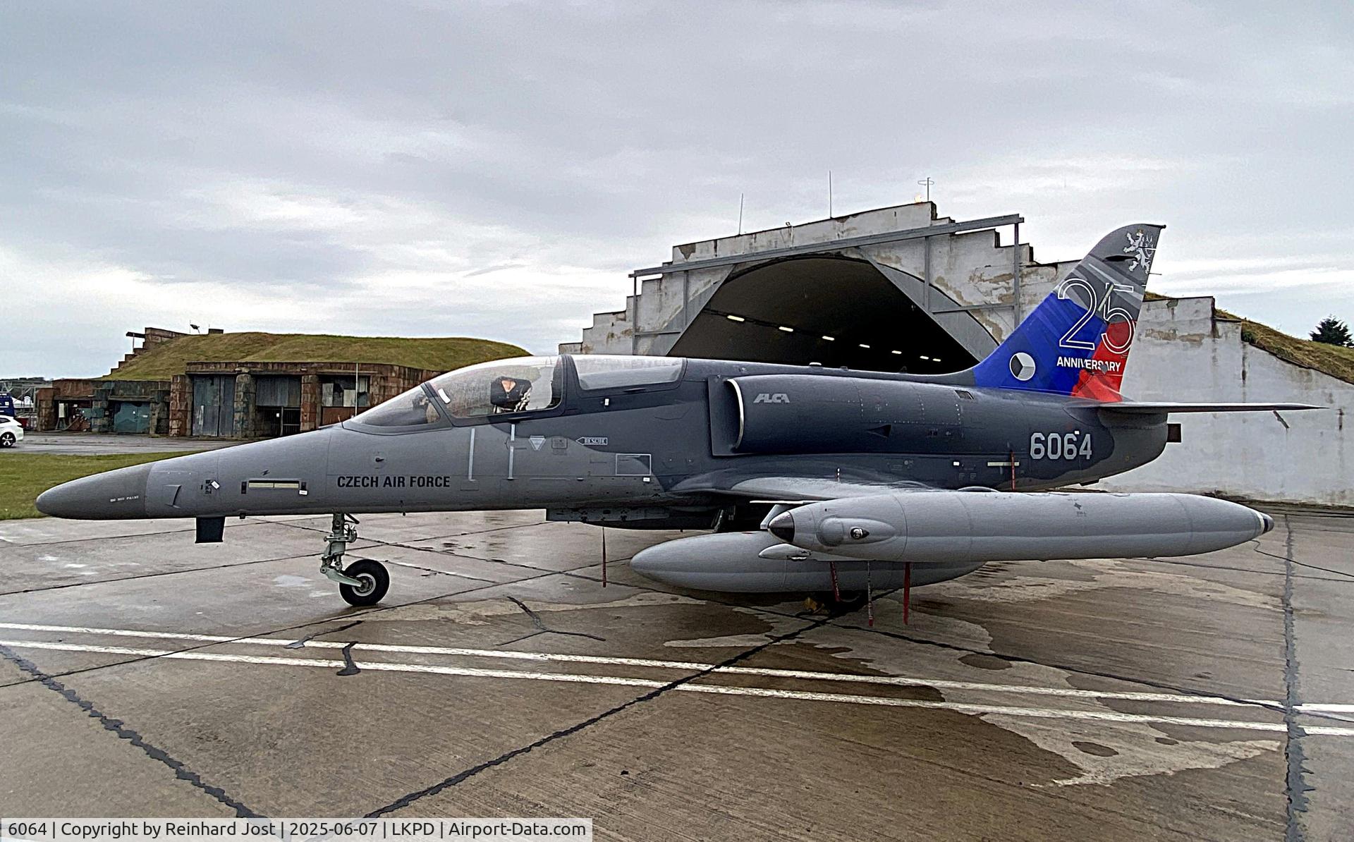 6064, Aero L-159 ALCA C/N 156064, Czech Air Force L-159 6064 with the tail in Czech national colors and 25 Anniversiary titles at Pardubice Air Show.