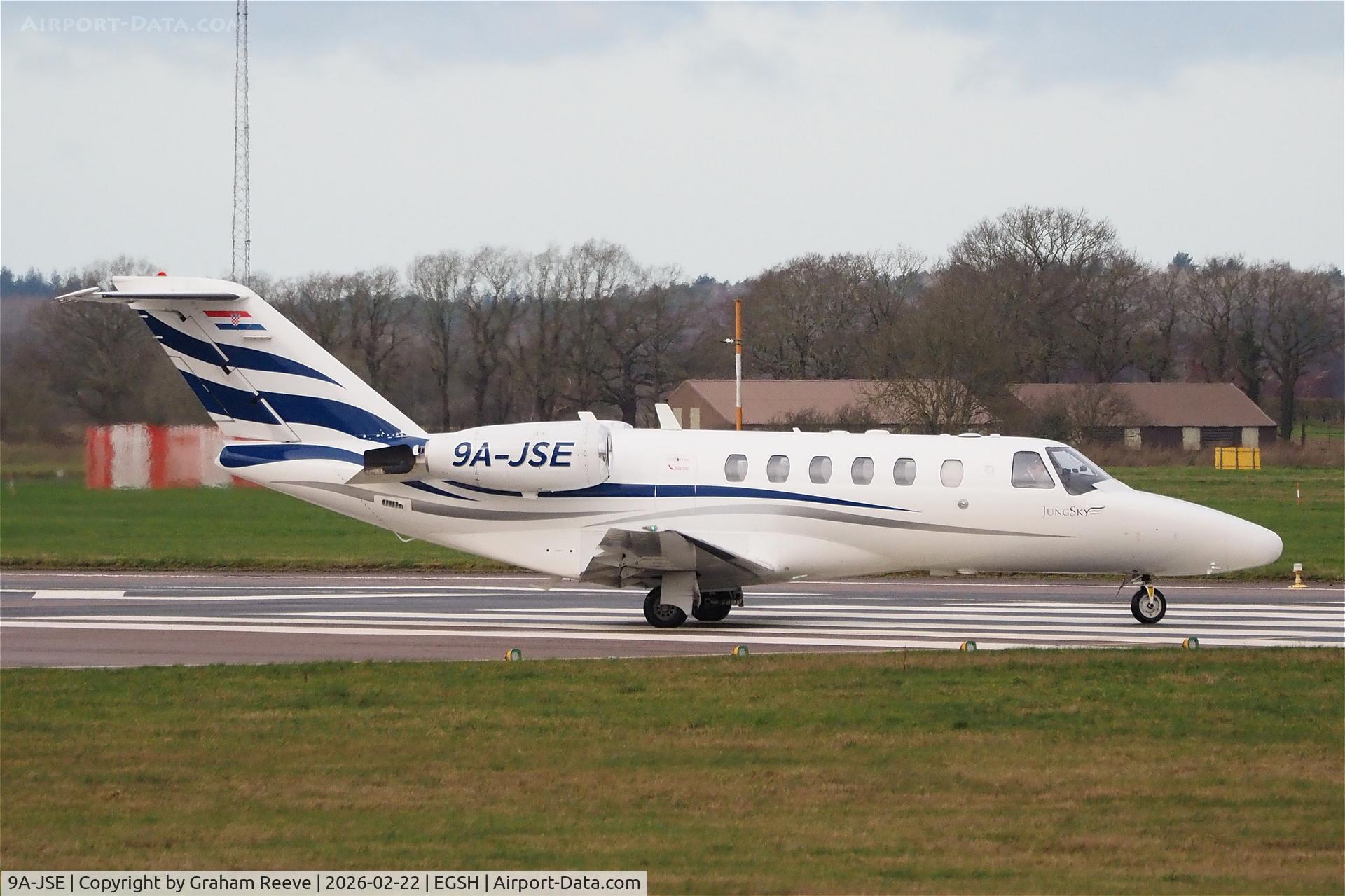 9A-JSE, 2002 Cessna 525A CitationJet CJ2 C/N 525A-0108, Departing from Norwich.