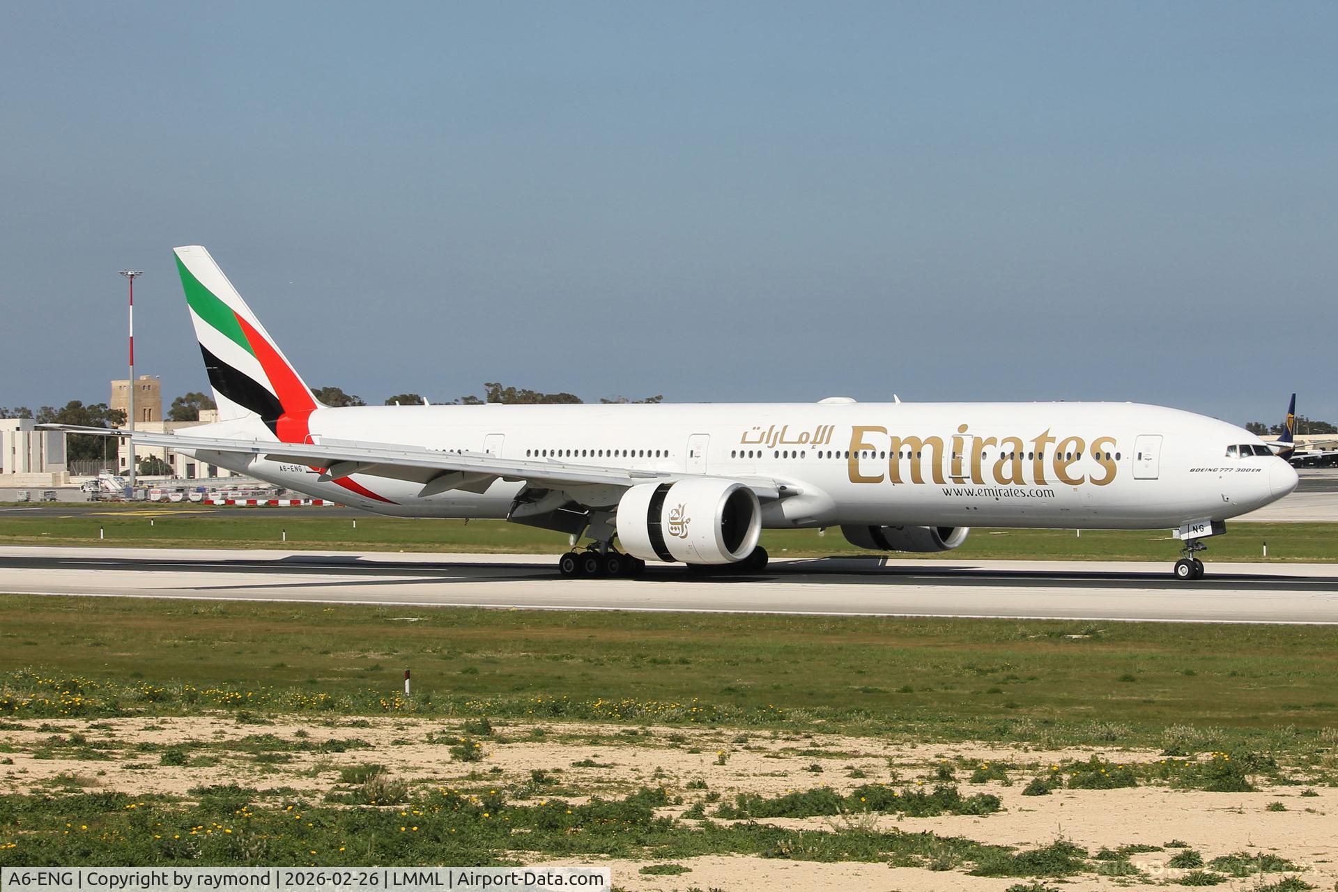 A6-ENG, 2012 Boeing 777-31H/ER C/N 35604, Boeing 777-31H/ER reg A6-ENG of Emirates Airlines arriving in Malta, seen here landing on RW13.