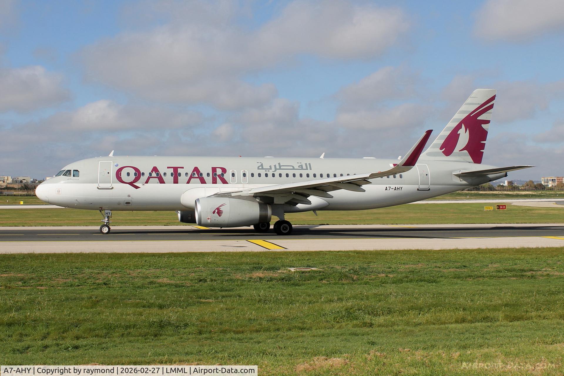 A7-AHY, 2012 Airbus A320-232 C/N 5395, Airbus A320-232 of Qatar Airways reg A7-AHY taxiing out from Park No9 in Malta, departing to Doha.