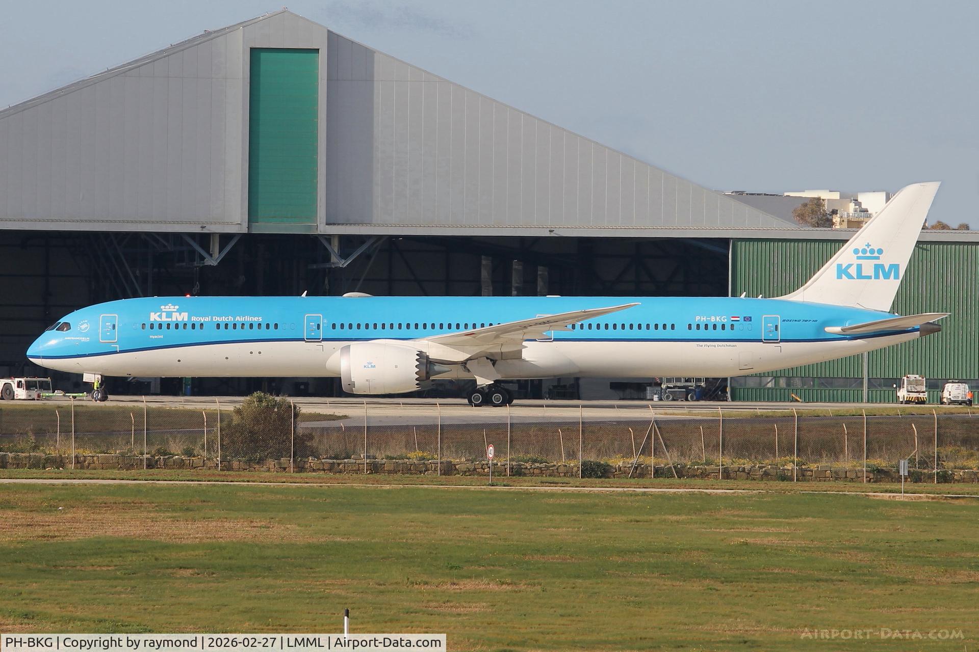 PH-BKG, Boeing 787-9 Dreamliner Dreamliner C/N 42508, Boeing 787-9 Dreamliner reg PH-BKG of KLM Royal Dutch Airlines being towed out of AC Malta hangar after a paint job, eventually departing to Amsterdam.