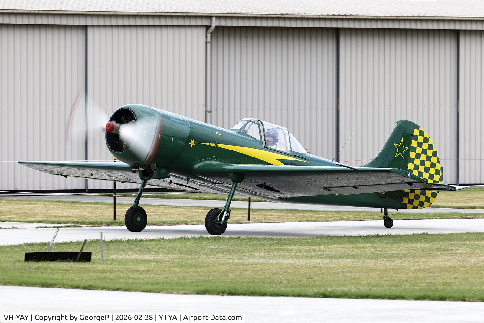 VH-YAY, 1985 Yakovlev Yak-50 C/N 852904, Arriving for the Tyabb airshow 2026.