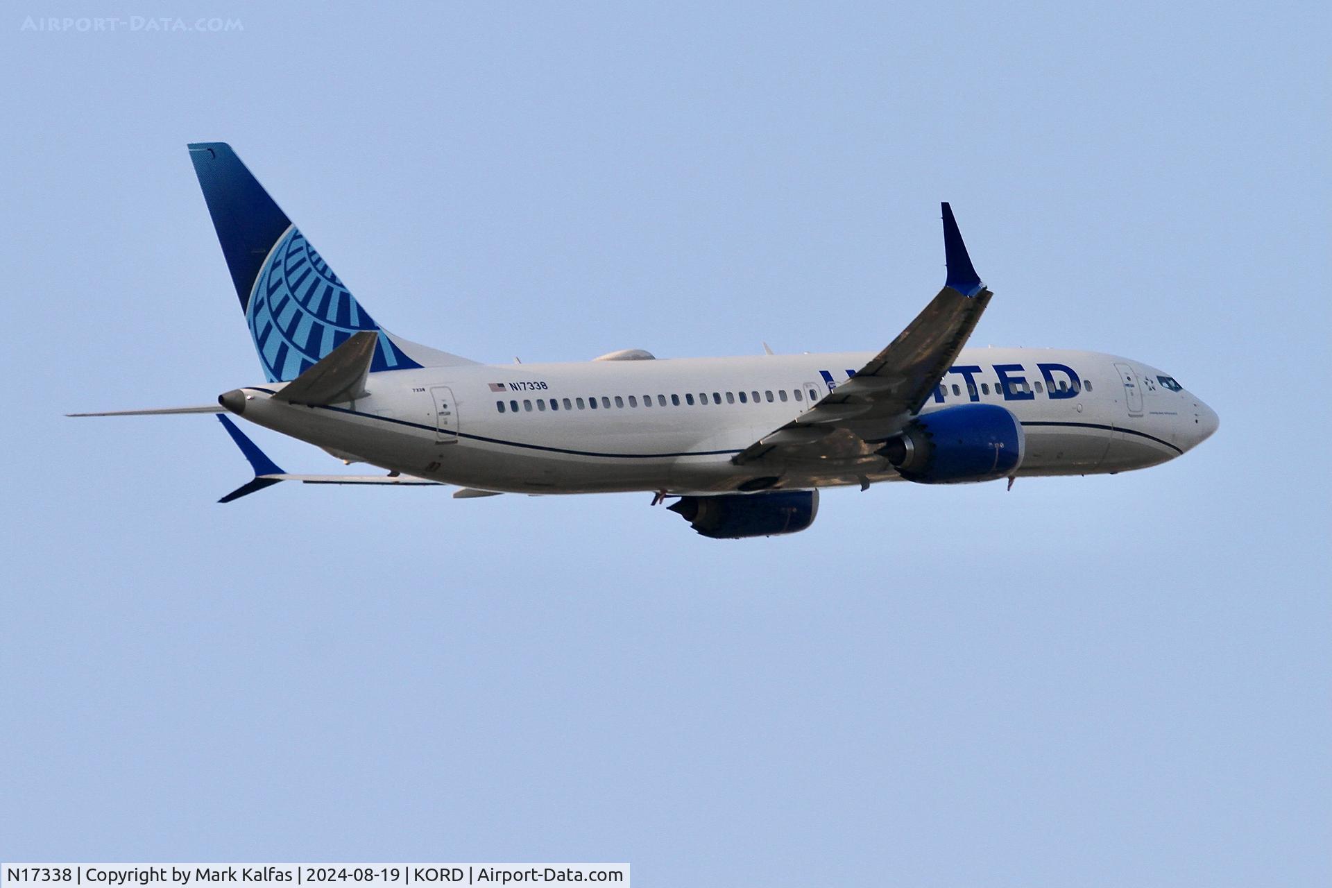 N17338, 2023 Boeing 737 MAX 8 C/N 67599, B38M United Boeing 737 MAX 8 N17338 departing 10L KORD