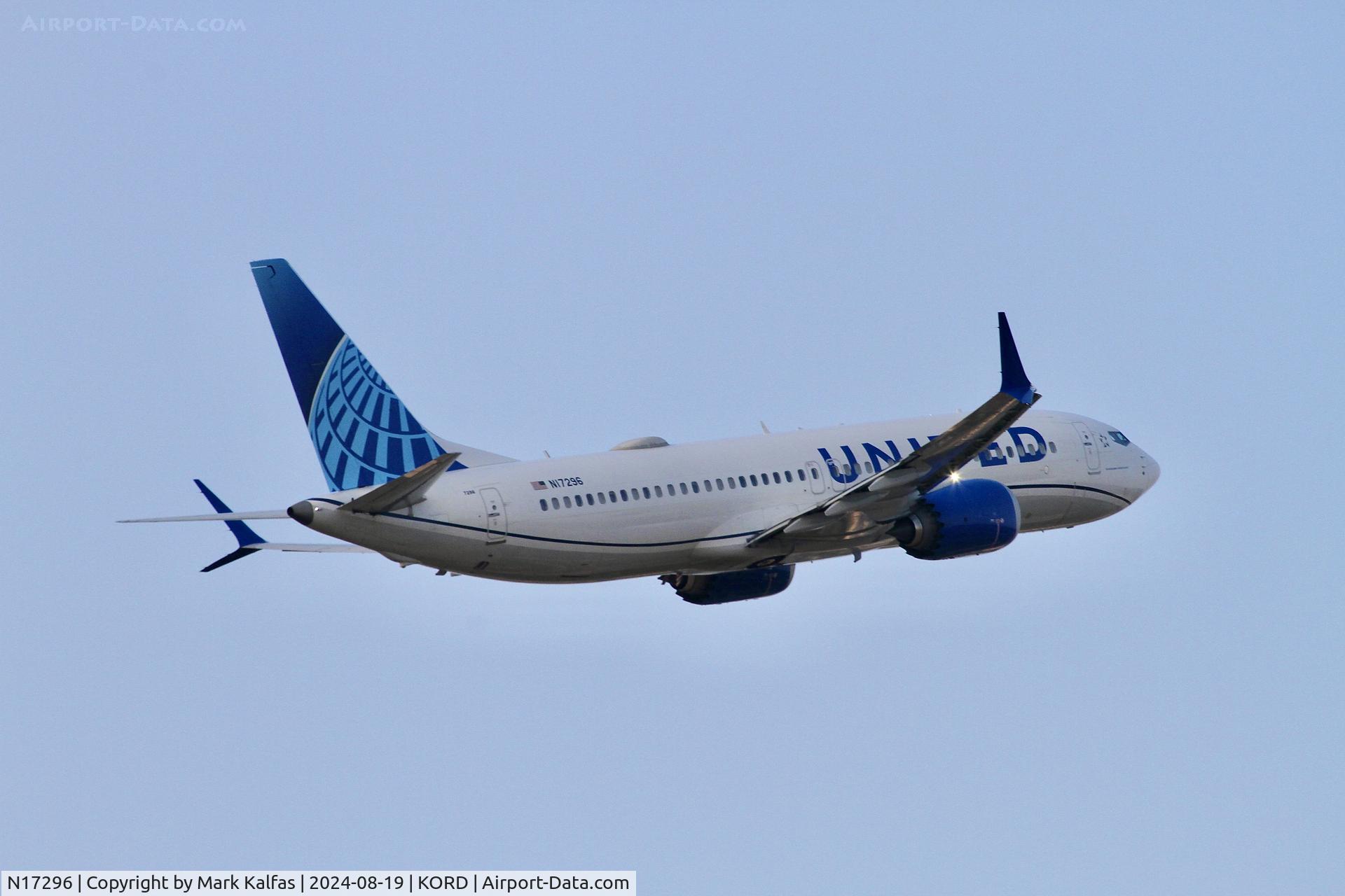 N17296, 2023 Boeing 737 MAX 8 C/N 67556, B38 United Airlines Boeing 737 MAX 8 N17296 departing 10L ORD