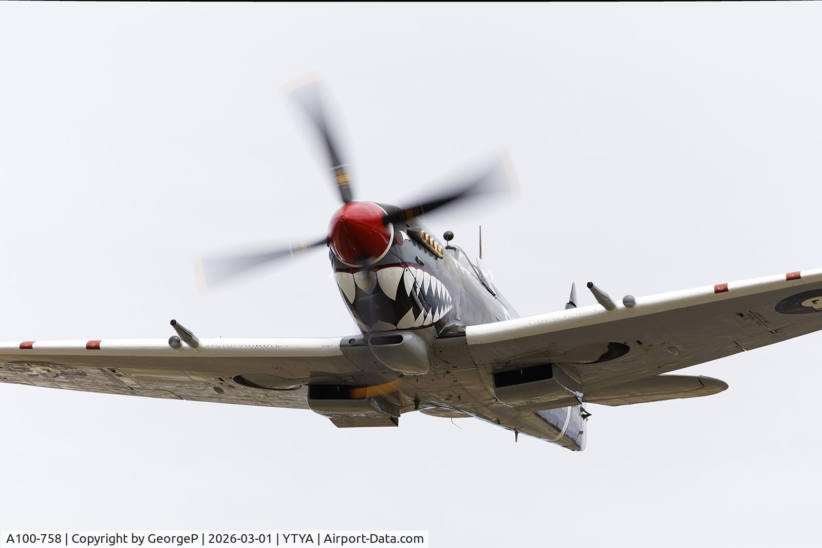 A100-758, 1944 Supermarine 359 Spitfire HF.VIIIc C/N 6S/581740, Performing at the 2026 Tyabb airshow.