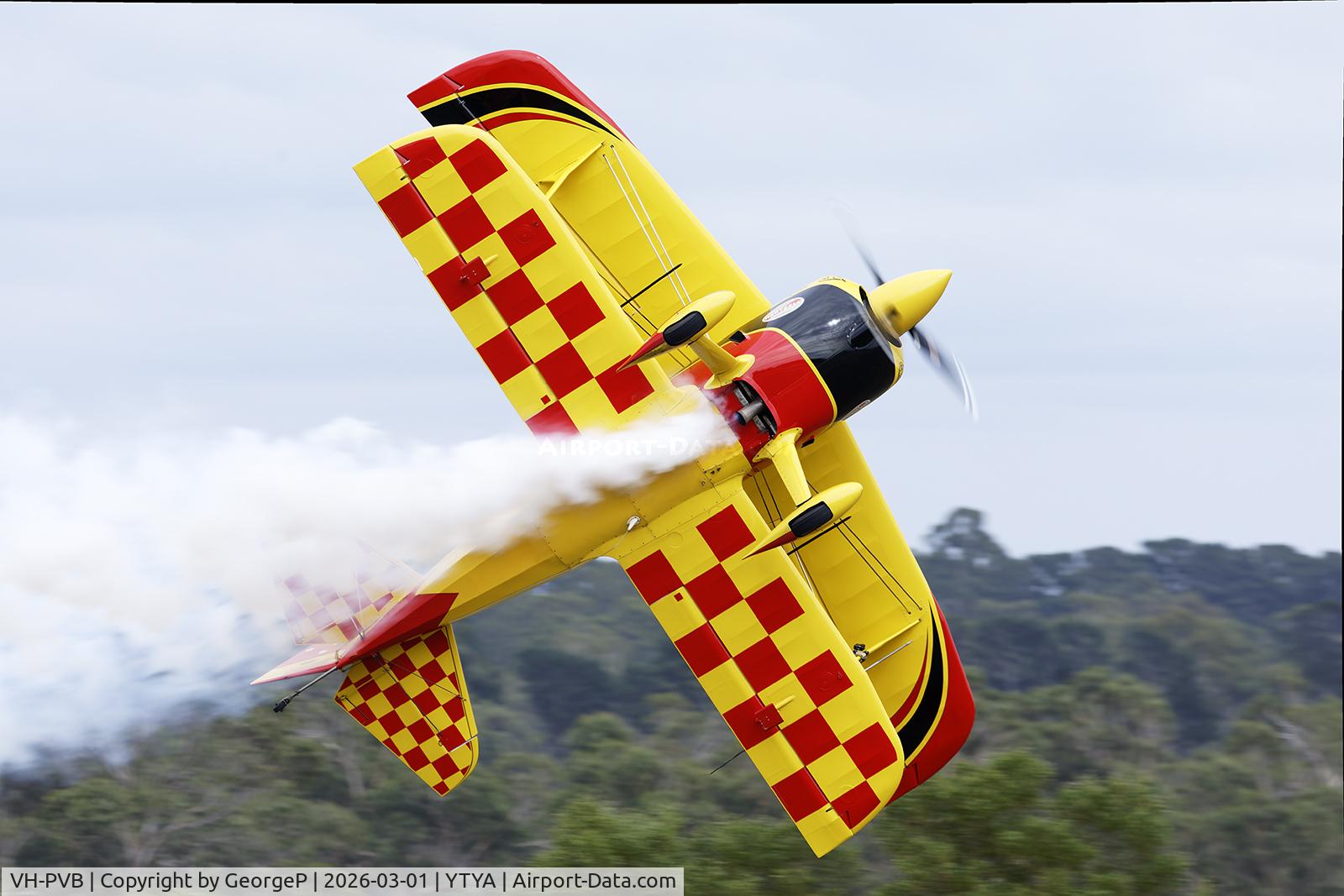 VH-PVB, 2008 Pitts S-1 Special C/N WPP-001, Performing at the 2026 Tyabb airshow.