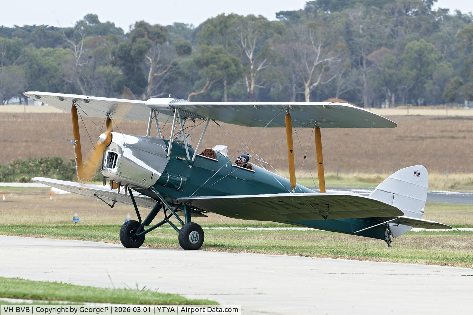 VH-BVB, 1945 De Havilland DH-82A Tiger Moth II C/N 85829, Performing at the 2026 Tyabb airshow.