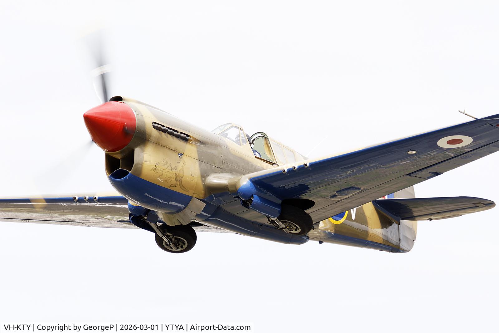 VH-KTY, 1942 Curtiss P-40E C/N 19128, Performing at the 2026 Tyabb airshow.