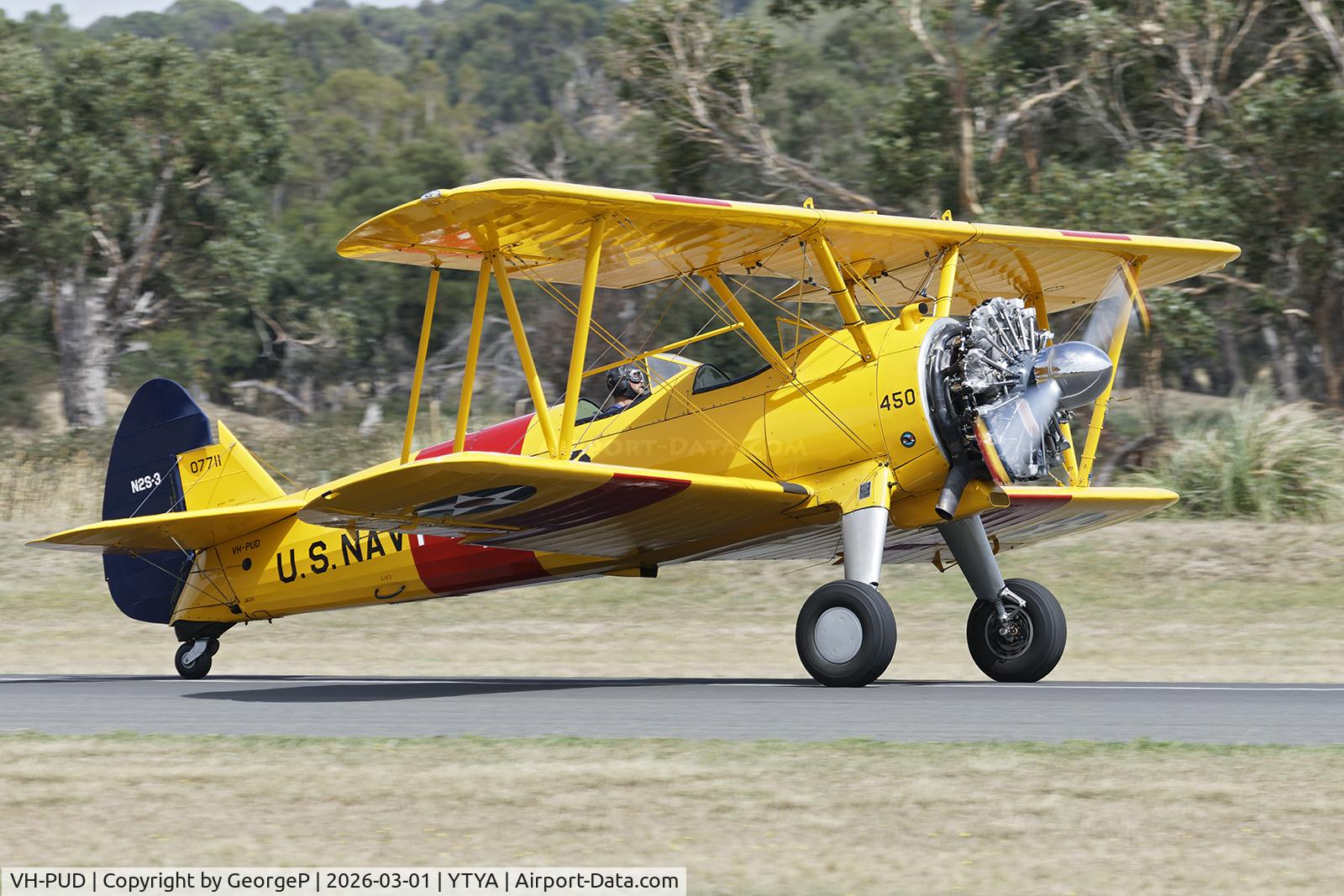 VH-PUD, 1943 Boeing N2S-3 Kaydet (B75N1) C/N 75-7315, Performing at the 2026 Tyabb airshow.