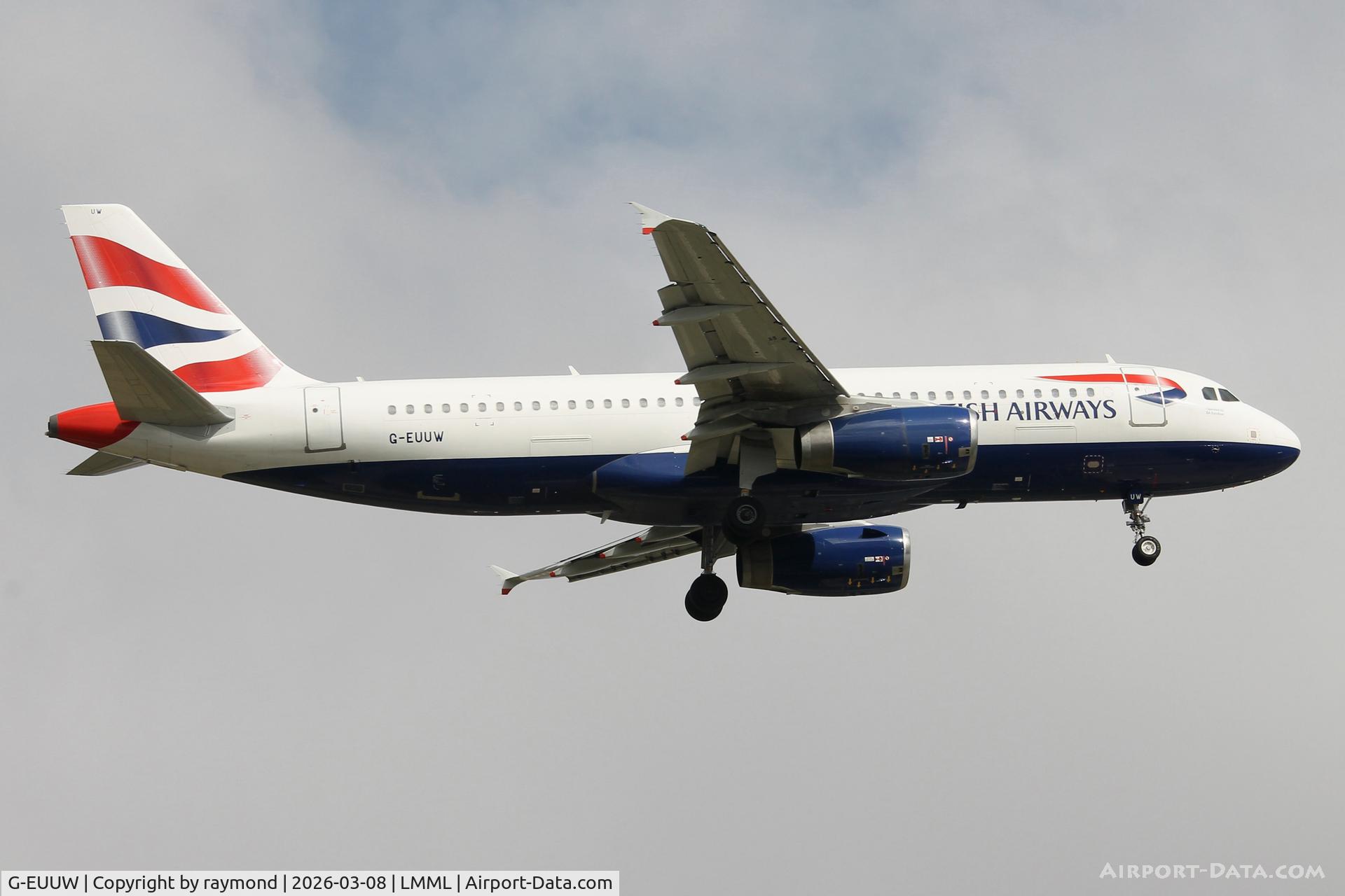 G-EUUW, 2008 Airbus A320-232 C/N 3499, British Airways Airbus A320-232 reg G-EUUW landing in Malta.