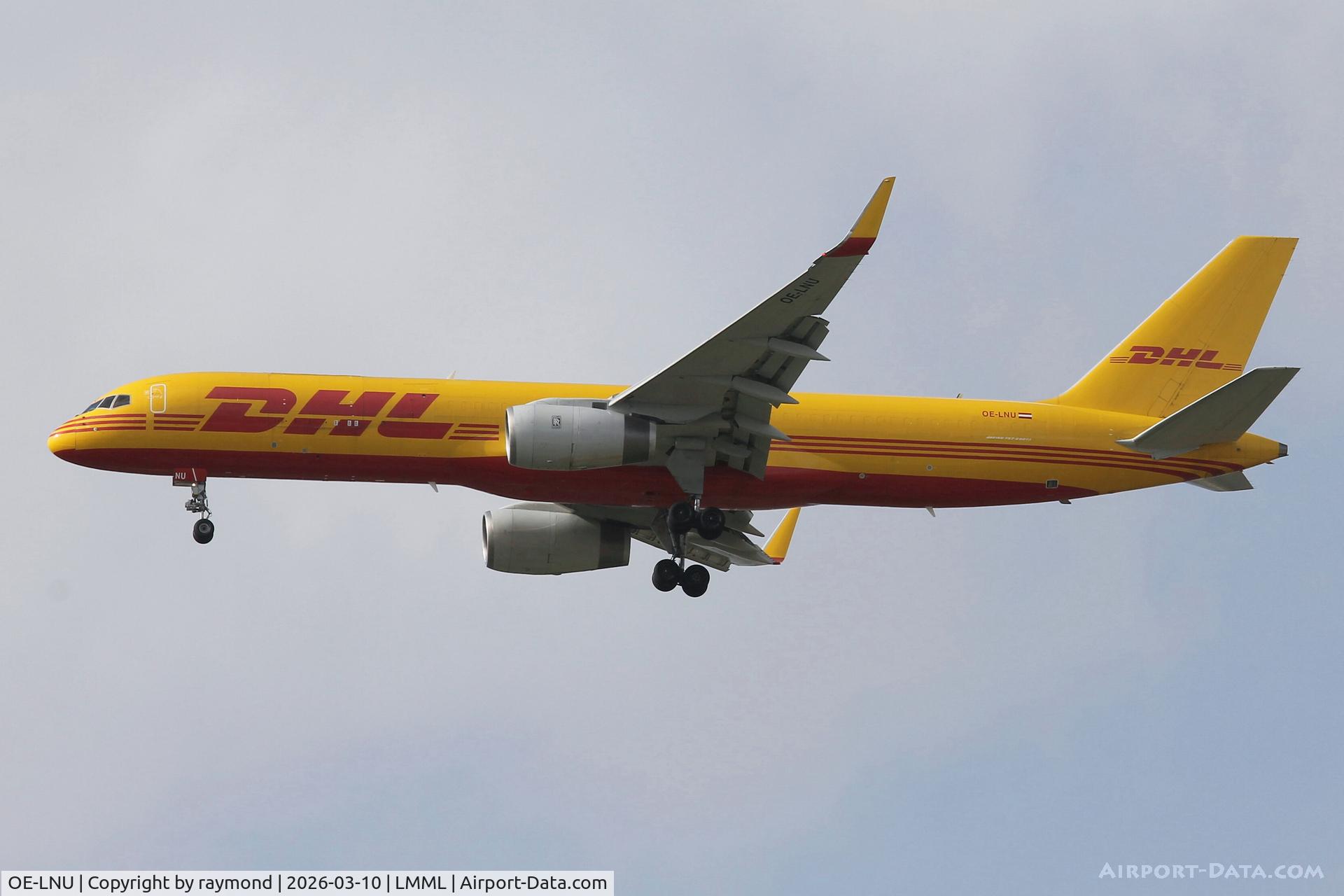 OE-LNU, Boeing 757-256(PCF) C/N 30052, Boeing 757-256(PCF) reg OE-LNU of DHL Austria on approach for RW13 Malta.