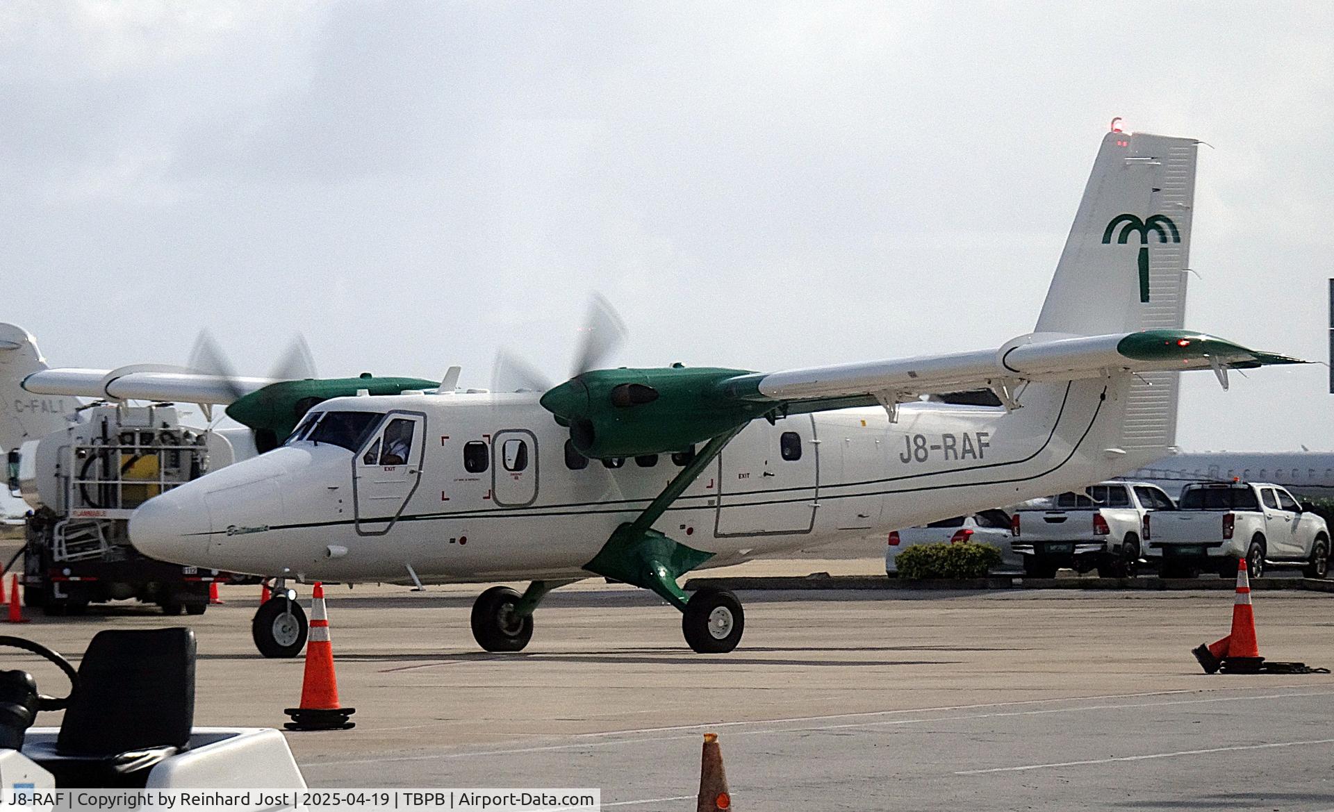 J8-RAF, 1980 De Havilland Canada DHC-6-300 Twin Otter C/N 726, Air Adelphi Twin Otter with the name Britannia arriving at Grantley Adams International Airport at Barbados