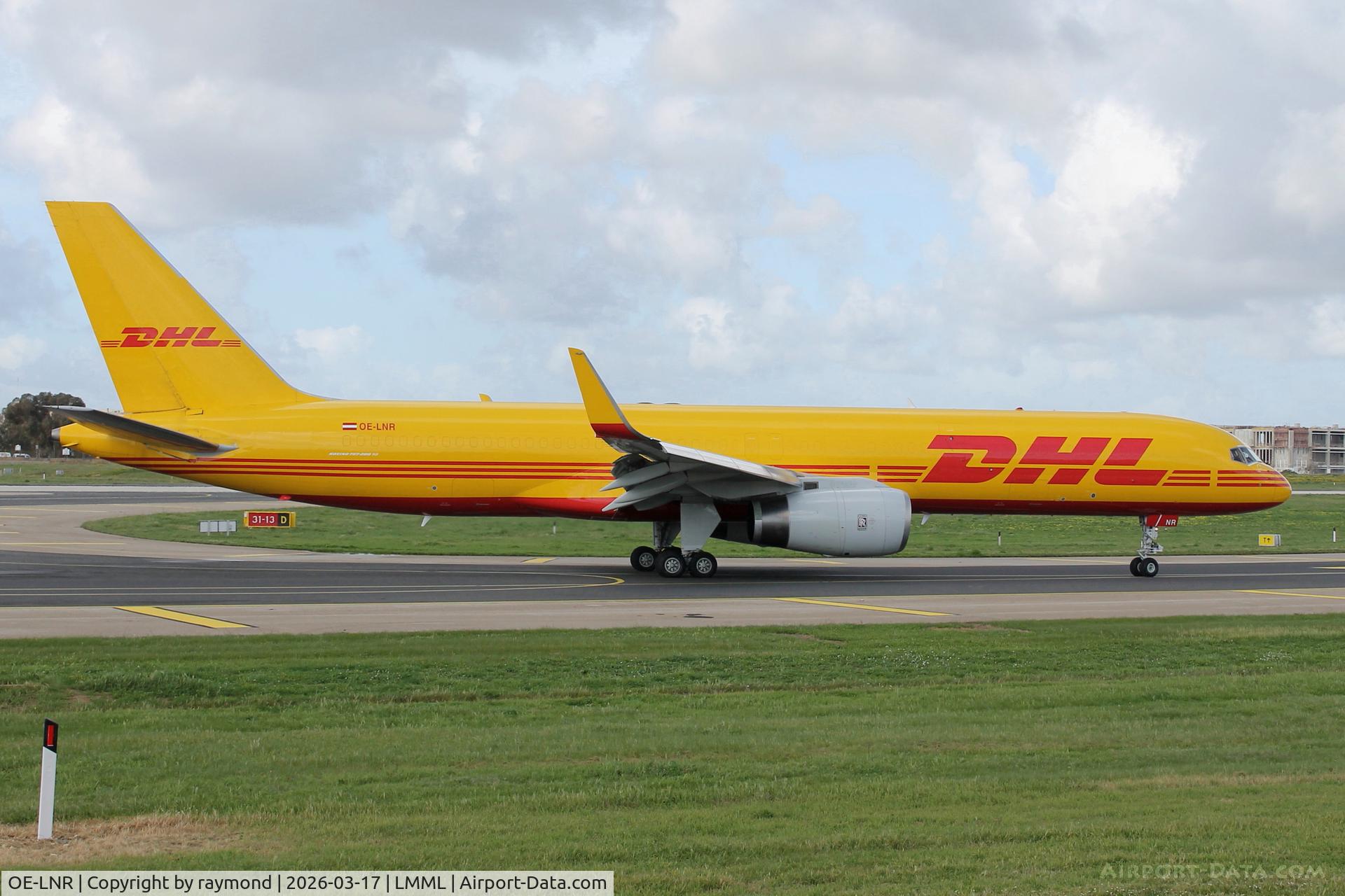 OE-LNR, 2002 Boeing 757-223F C/N 32397, Boeing 757-223F reg OE-LNR of DHL Austria leaving the active runway after arriving in Malta.