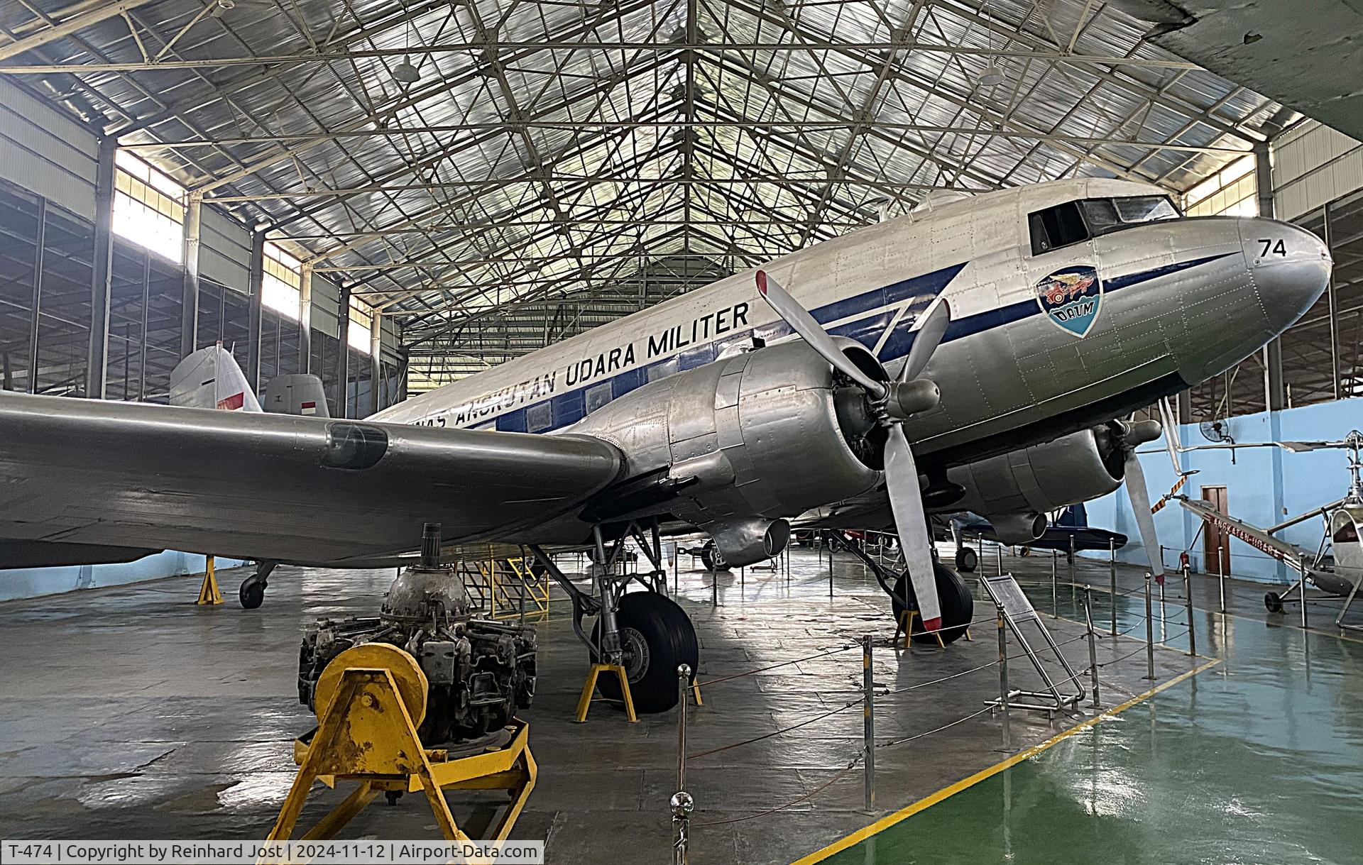 T-474, 1944 Douglas C-47A-15-DK Skytrain C/N 12719, Skytrain of the Indonesian Air Force at the Dirgantara Mandala Museum at Yogyakarta, Indonesia, with a history: Build 1944.  Ex-42-92870 / PK-DPE / PK-GDT / DT-985 / VHR-CB.
