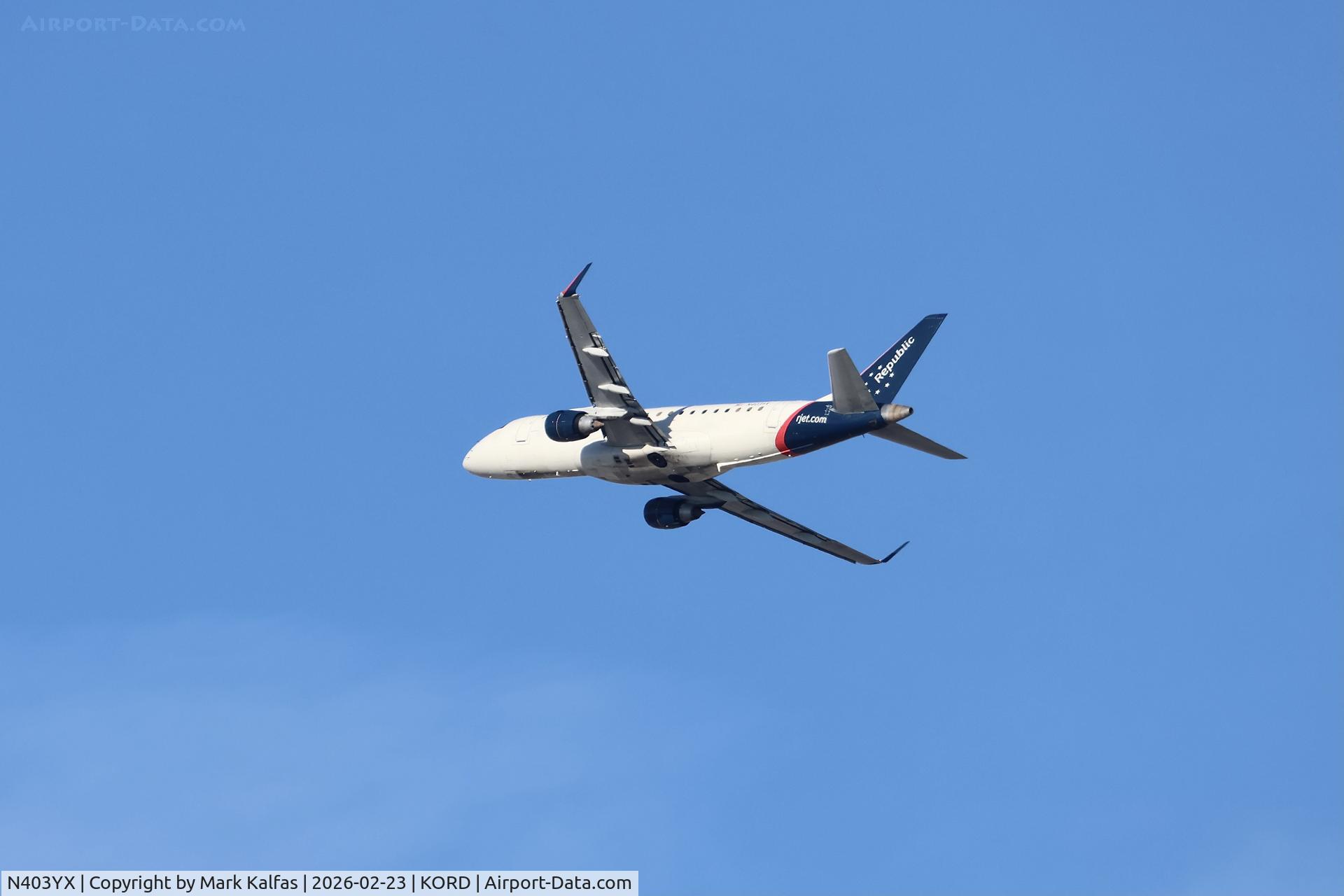 N403YX, 2013 Embraer 175LR (ERJ-170-200LR) C/N 17000365, E175 Republic Airways / United Express  Embraer 175LR N403YX departing 28R KORD