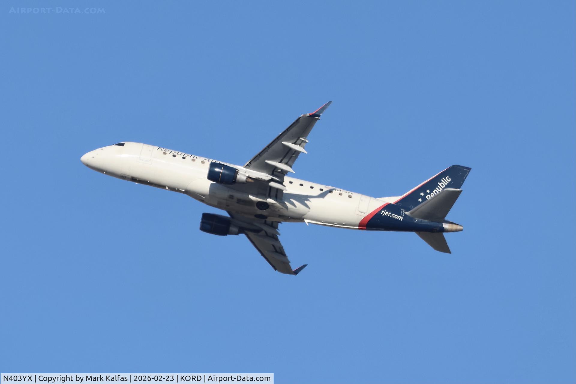 N403YX, 2013 Embraer 175LR (ERJ-170-200LR) C/N 17000365, E175 Republic Airways / United Express  Embraer 175LR N403YX departing 28R KORD
