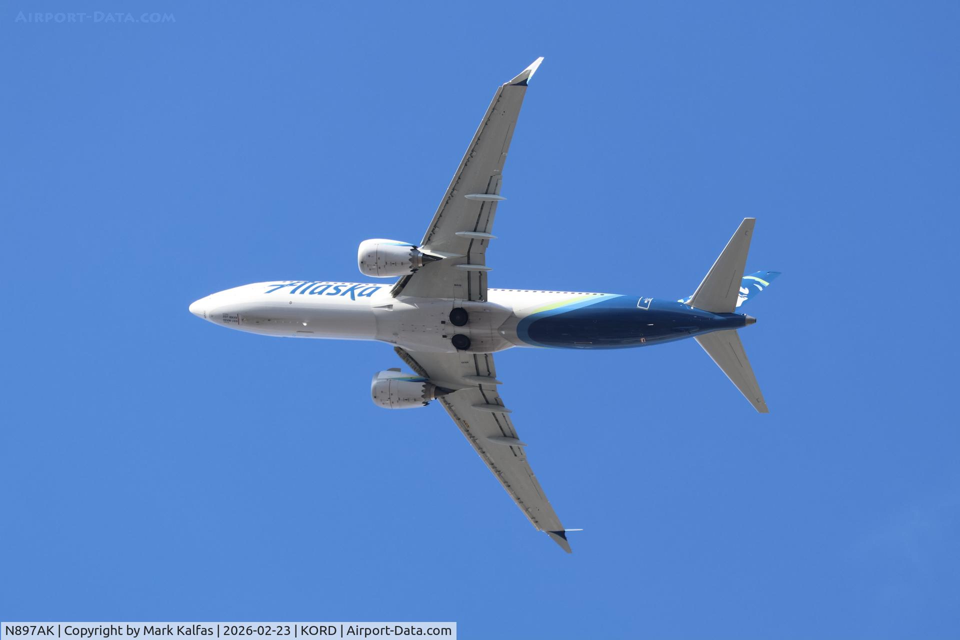 N897AK, 2025 Boeing 737-8 MAX C/N 67508, B38M Alaska Airlines Boeing 737-8 MAX, N879AK departing 28R KORD