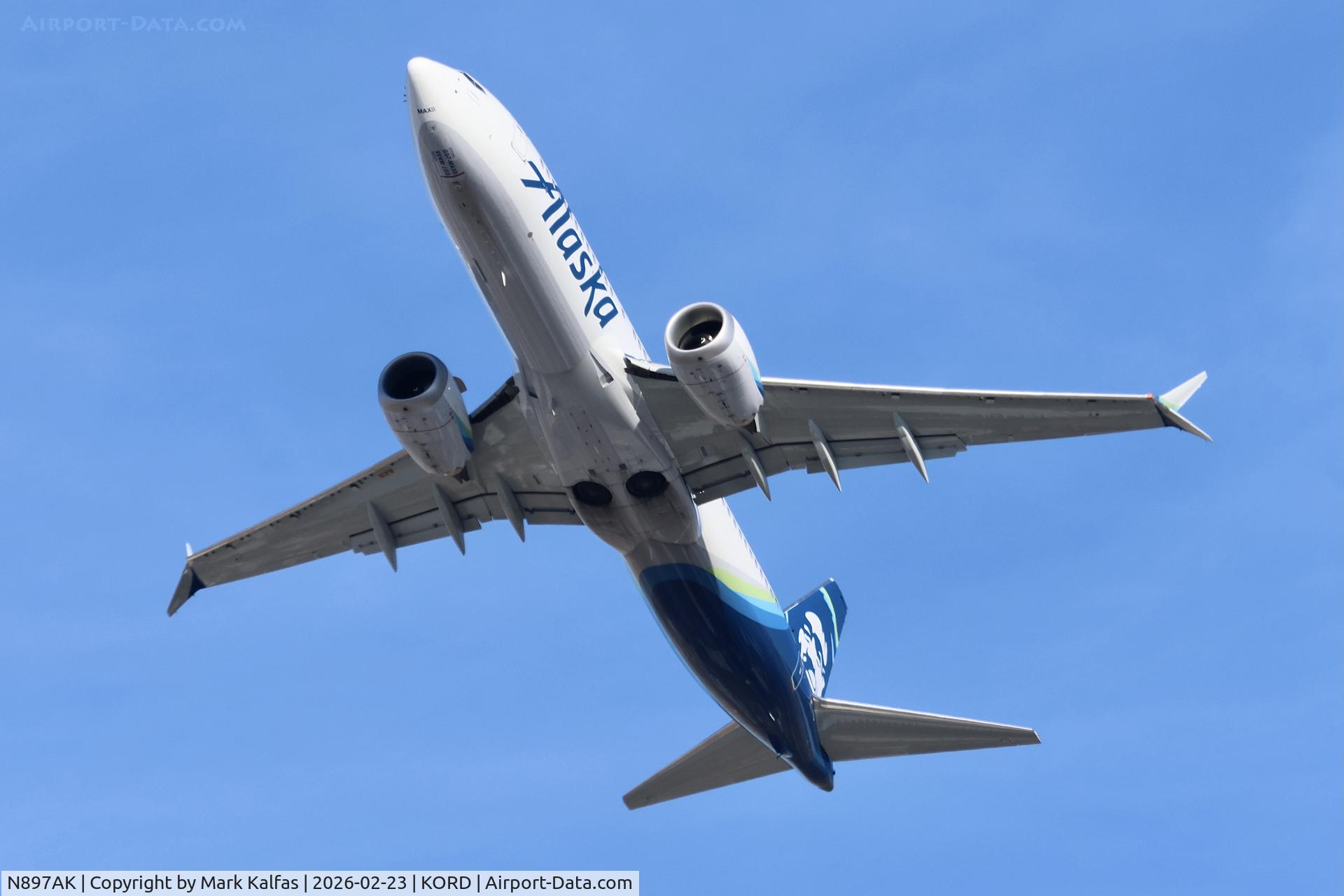 N897AK, 2025 Boeing 737-8 MAX C/N 67508, B38M Alaska Airlines Boeing 737-8 MAX, N879AK departing 28R KORD