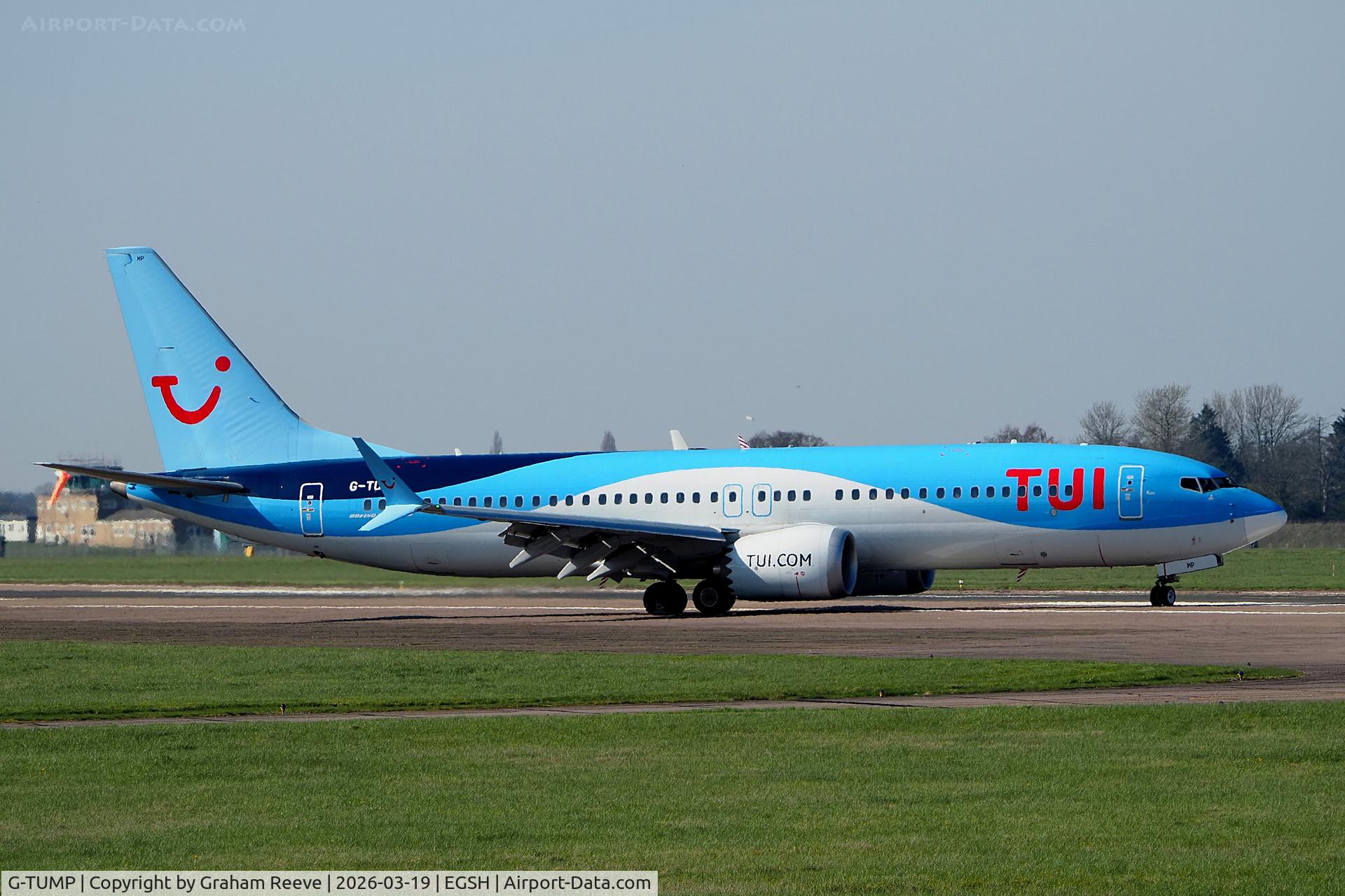 G-TUMP, 2021 Boeing 737-8 MAX C/N 44616, Just landed at Norwich.