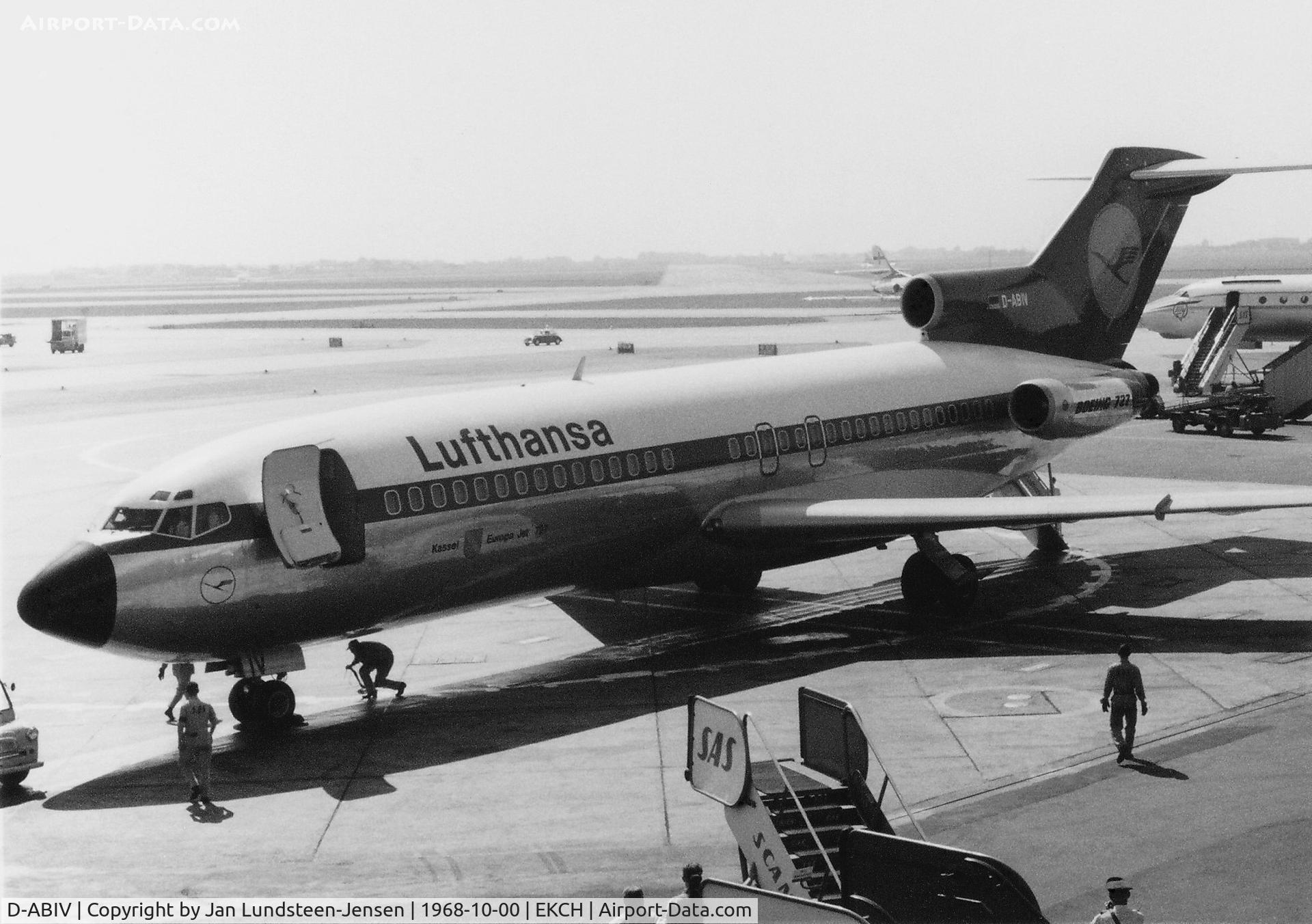 D-ABIV, 1966 Boeing 727-30 C/N 18936, This Lufthansa B.727-30 was named 'Kassel Europa Jet 727' and was built and delivered to Lufthansa in 1966. Taxiing Finnair Caravelle and Aeroflot Tu-104 at gate seen behind Lufthansa Boeing.