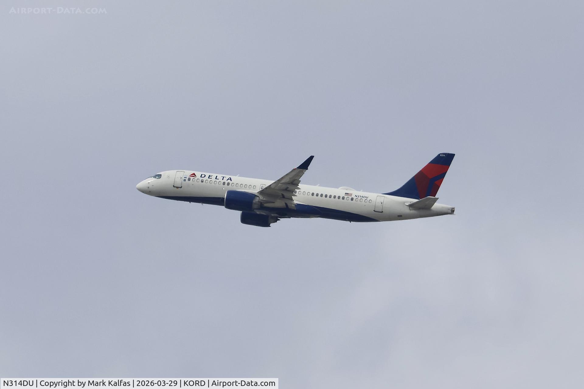 N314DU, 2023 Airbus A220-371 C/N 55192, BCS3 Delta Airlines Airbus A220-371 N314DU departing 27L KORD