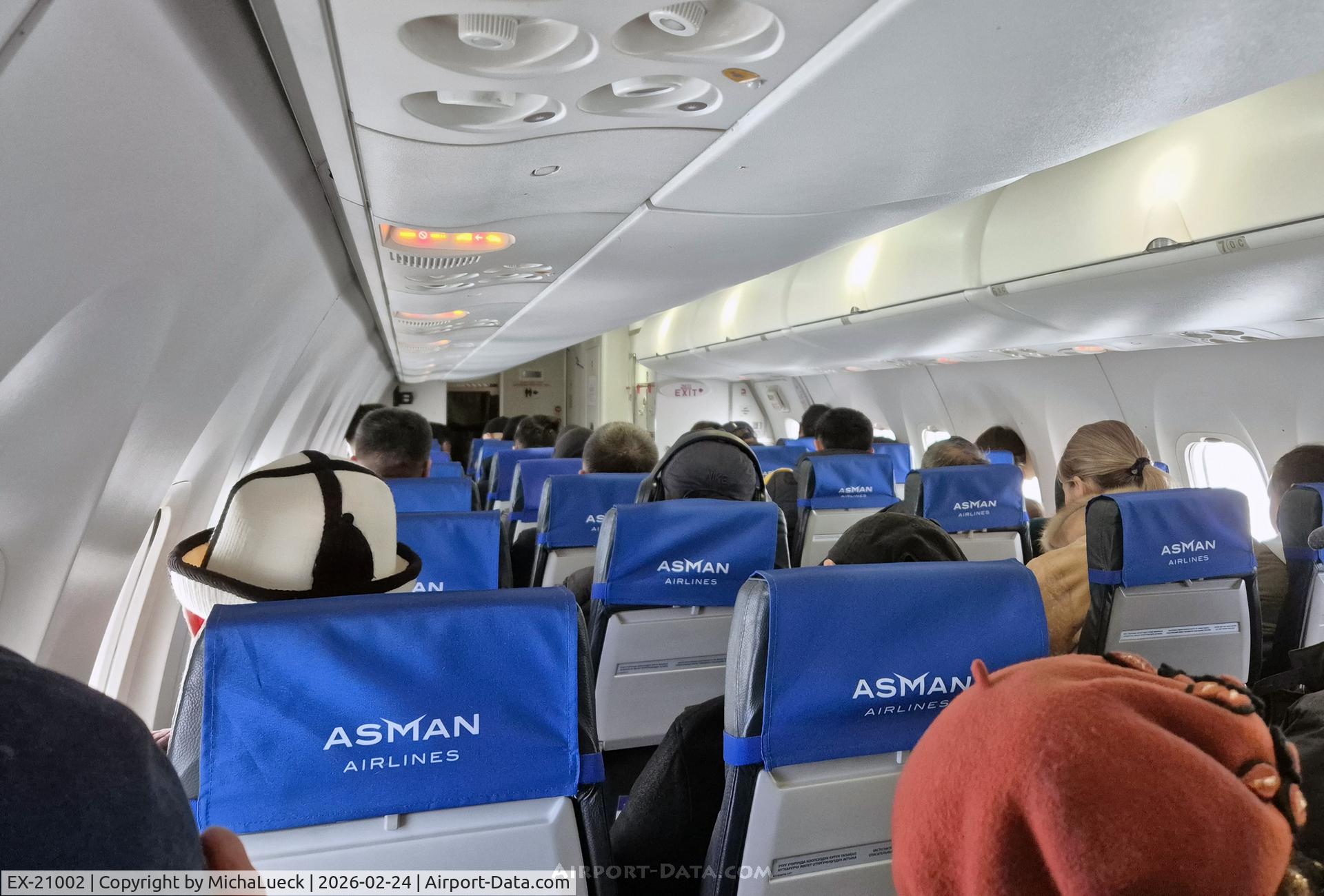 EX-21002, Bombardier DHC-8 402 Dash 8 C/N 4459, After the previous flight was cancelled, this one was full (BSZ-OSS)