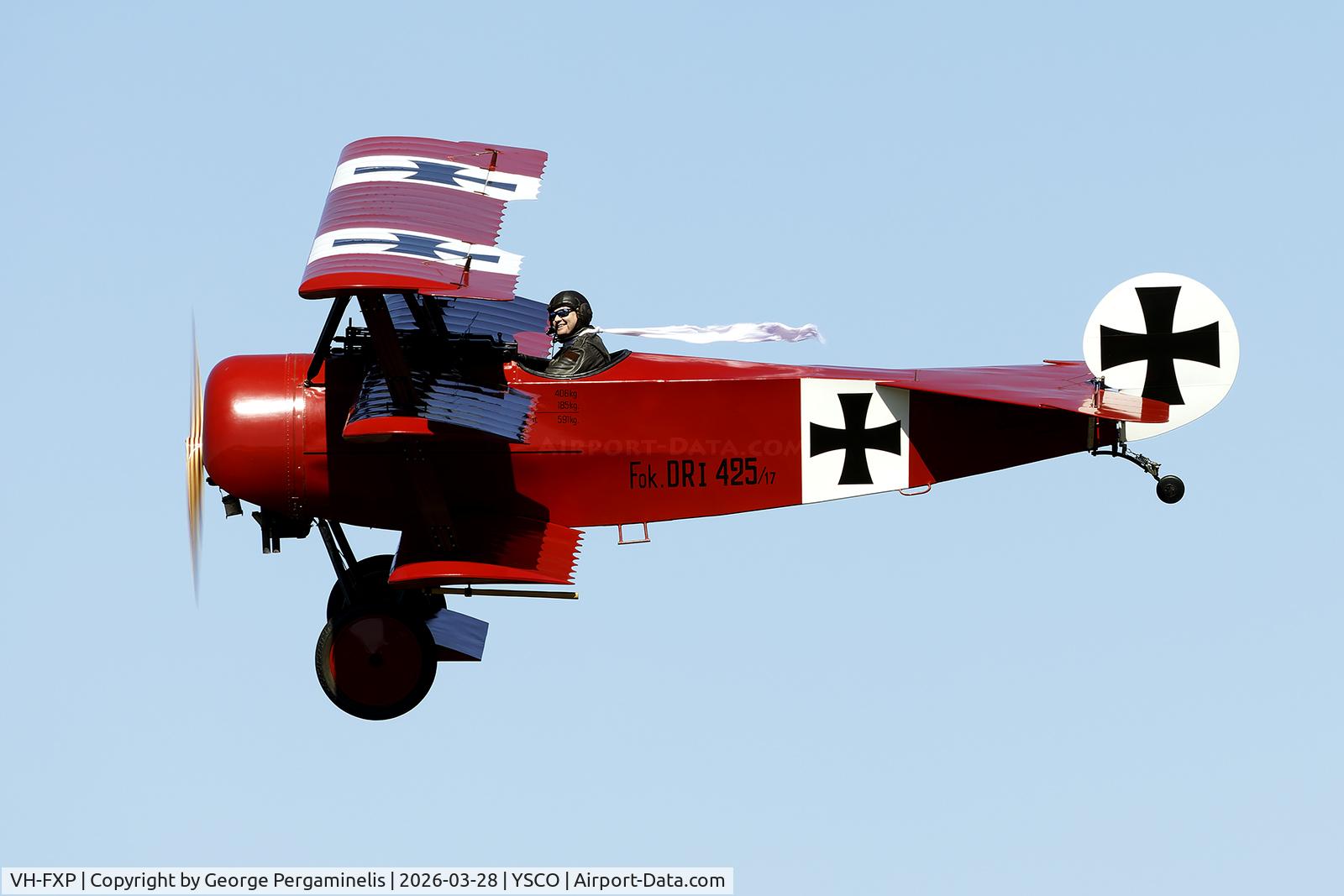 VH-FXP, 1970 Fokker Dr.1 Triplane Replica C/N NA-1, Warbirds Over Scone 2026.

The good guys weren't trying hard enough because the Baron still has a smile on his face.